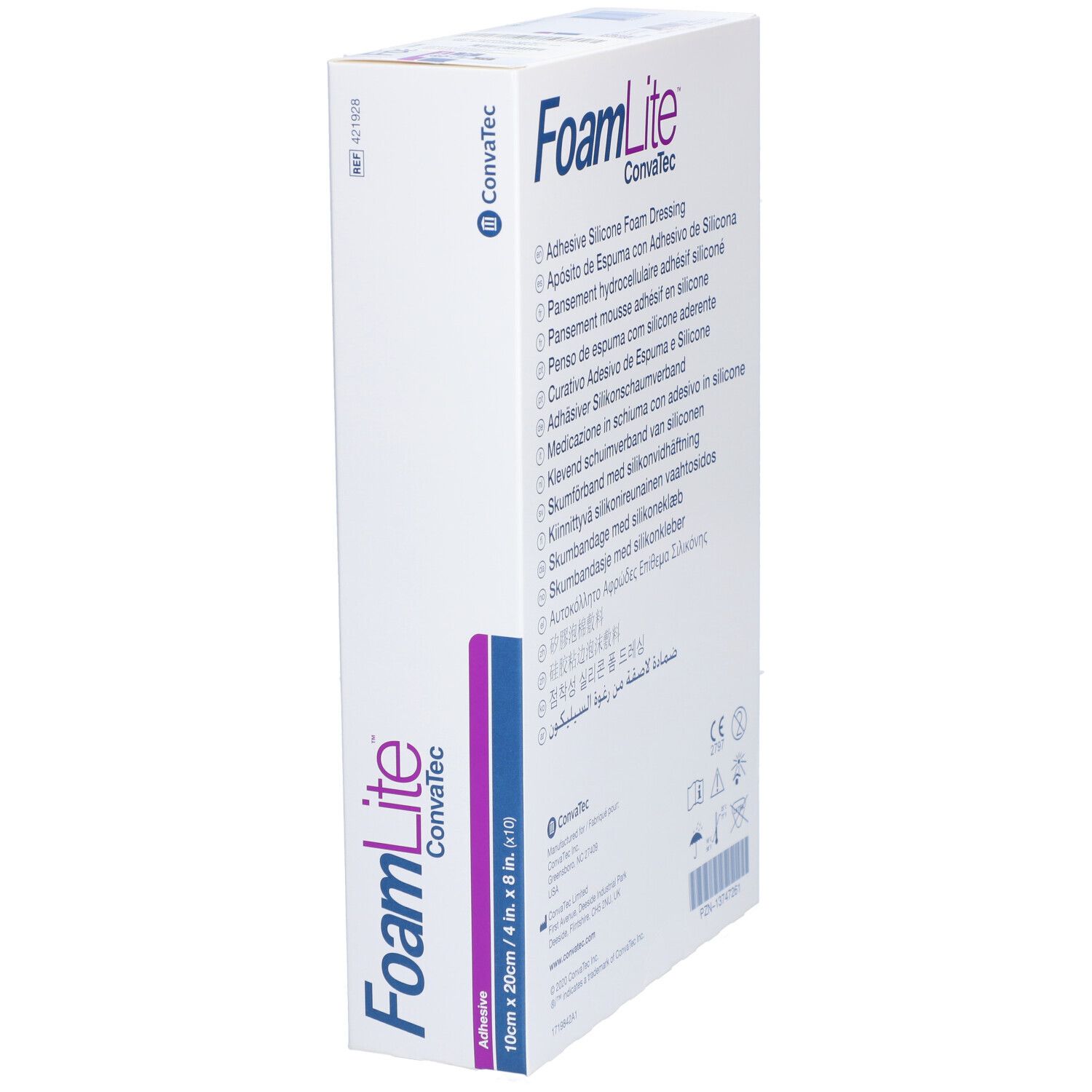 Boîte de FoamLite, ConvaTec. Pansement hydrocellulaire, 10x20cm. Inscription : stérile, adhésif. Textes multilingues.