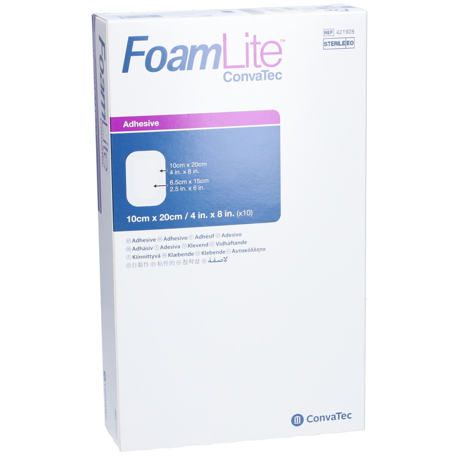 Boîte de FoamLite, ConvaTec. Pansement hydrocellulaire, 10x20cm. Inscription : stérile, adhésif. Blanc, bleu, violet.