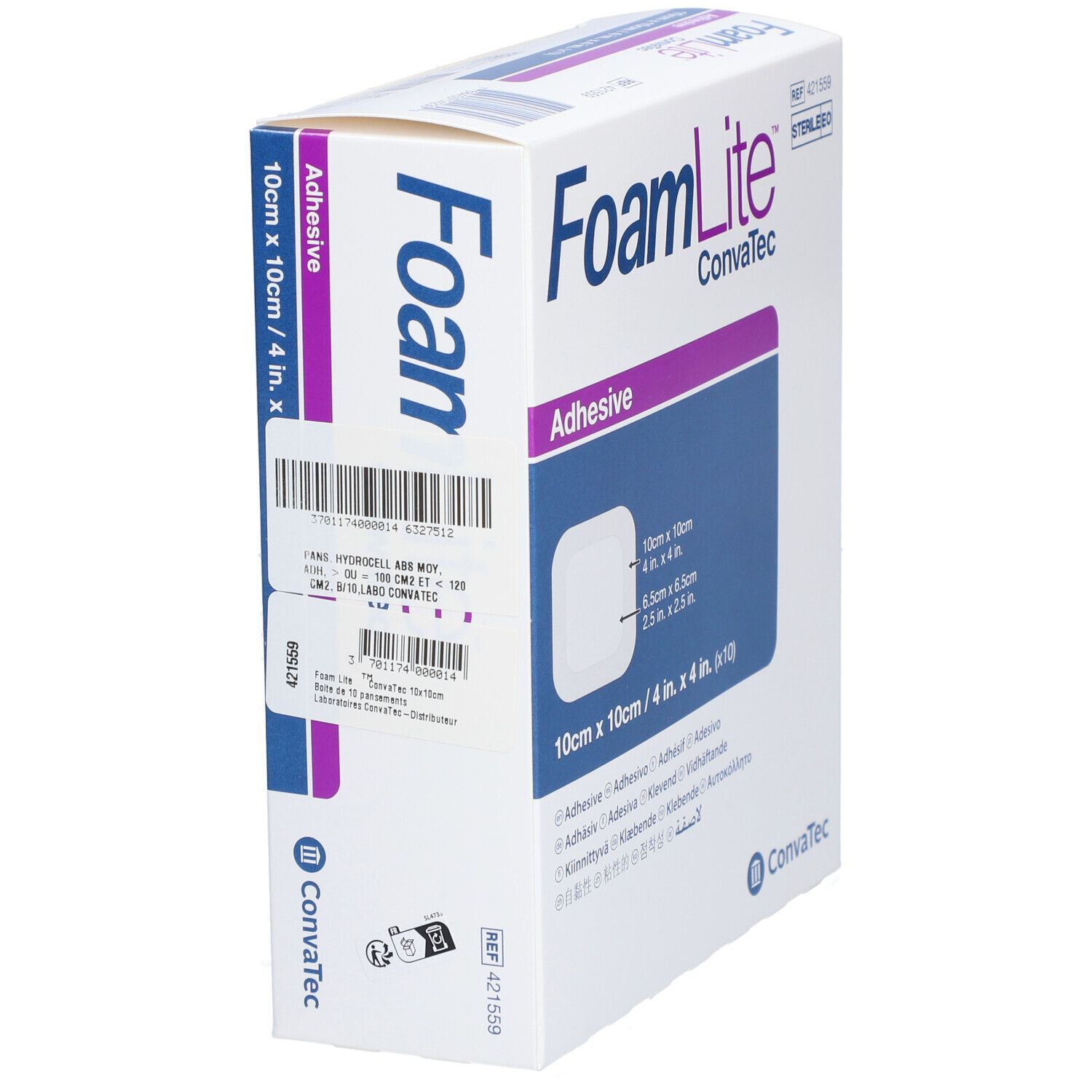 FOAM LITE - Pansement hydrocellulaire à absorption moyenne, adhésif, stérile. 10 cm x 10 c