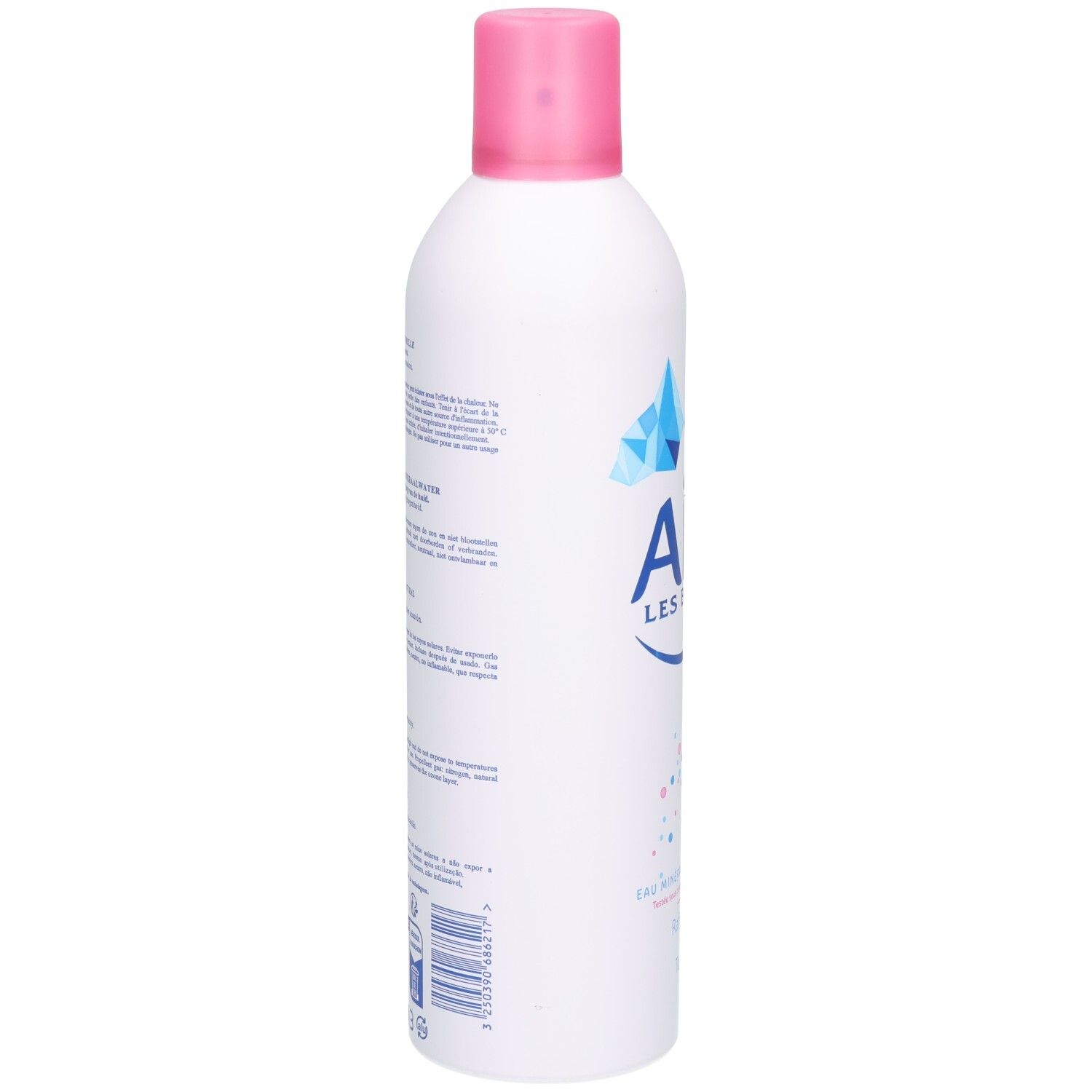 Aérosol blanc avec bouchon rose, vue latérale. Texte et code-barres au dos. Informations produit multilingues.