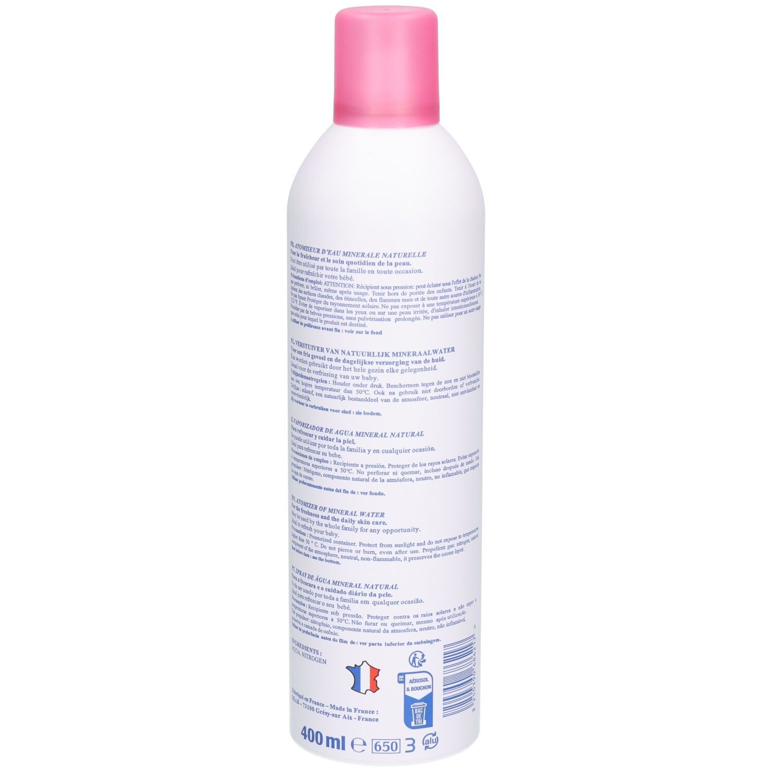 Dos de l'aérosol blanc avec bouchon rose. Texte multilingue. Volume: 400 ml. Fabriqué en France.