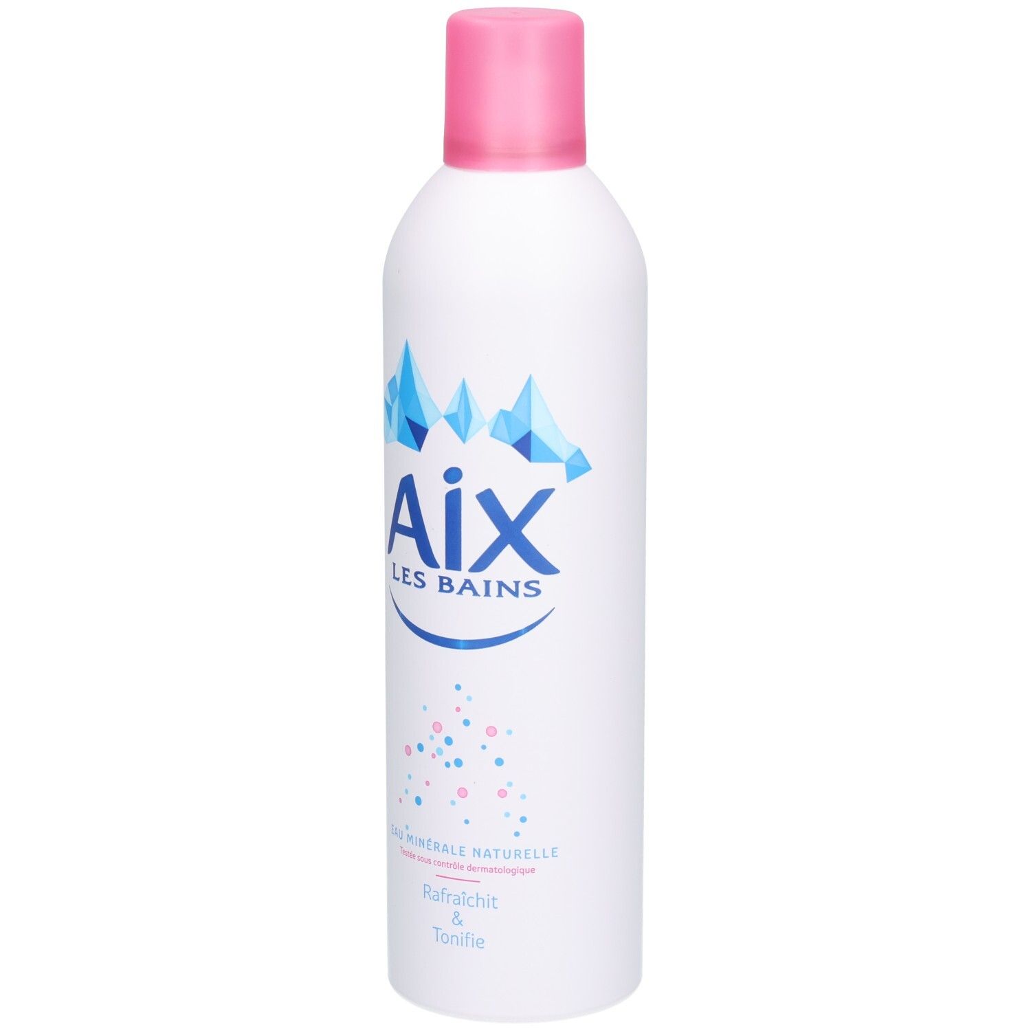 Aérosol blanc avec bouchon rose. Inscription: Aix LES BAINS, cristaux bleus, points roses et bleus. Texte: Eau minérale naturelle.