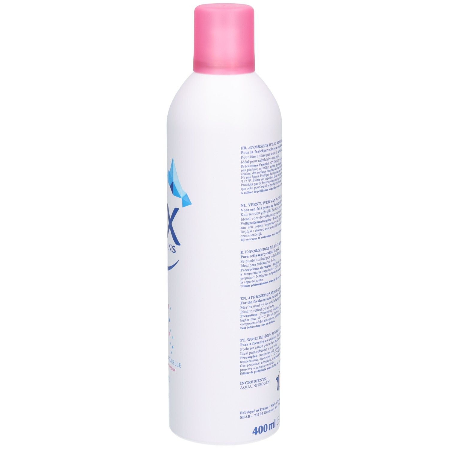 Aérosol blanc avec bouchon rose, vue latérale. Texte multilingue. Volume: 400 ml. Fabriqué en France.