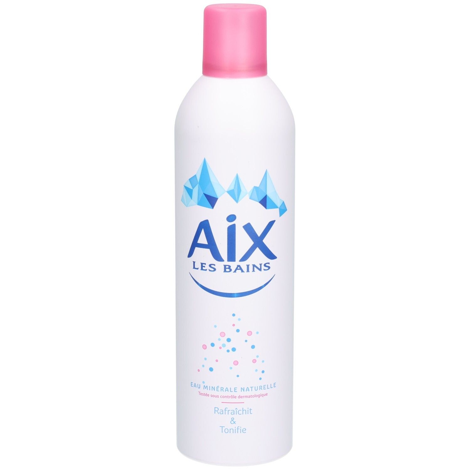 Aérosol blanc avec bouchon rose. Inscription: Aix LES BAINS, cristaux bleus, points roses et bleus. Texte: Eau minérale naturelle.