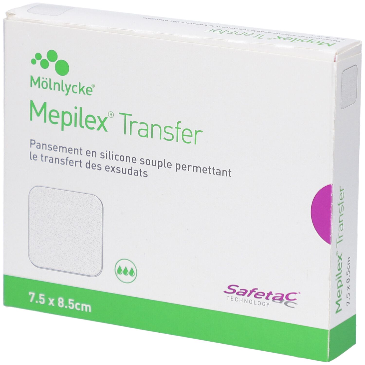 Boîte de Mepilex Transfer. Carton blanc avec nom et logo du produit. Dimensions : 7,5 x 8,5 cm. Technologie Safetac.