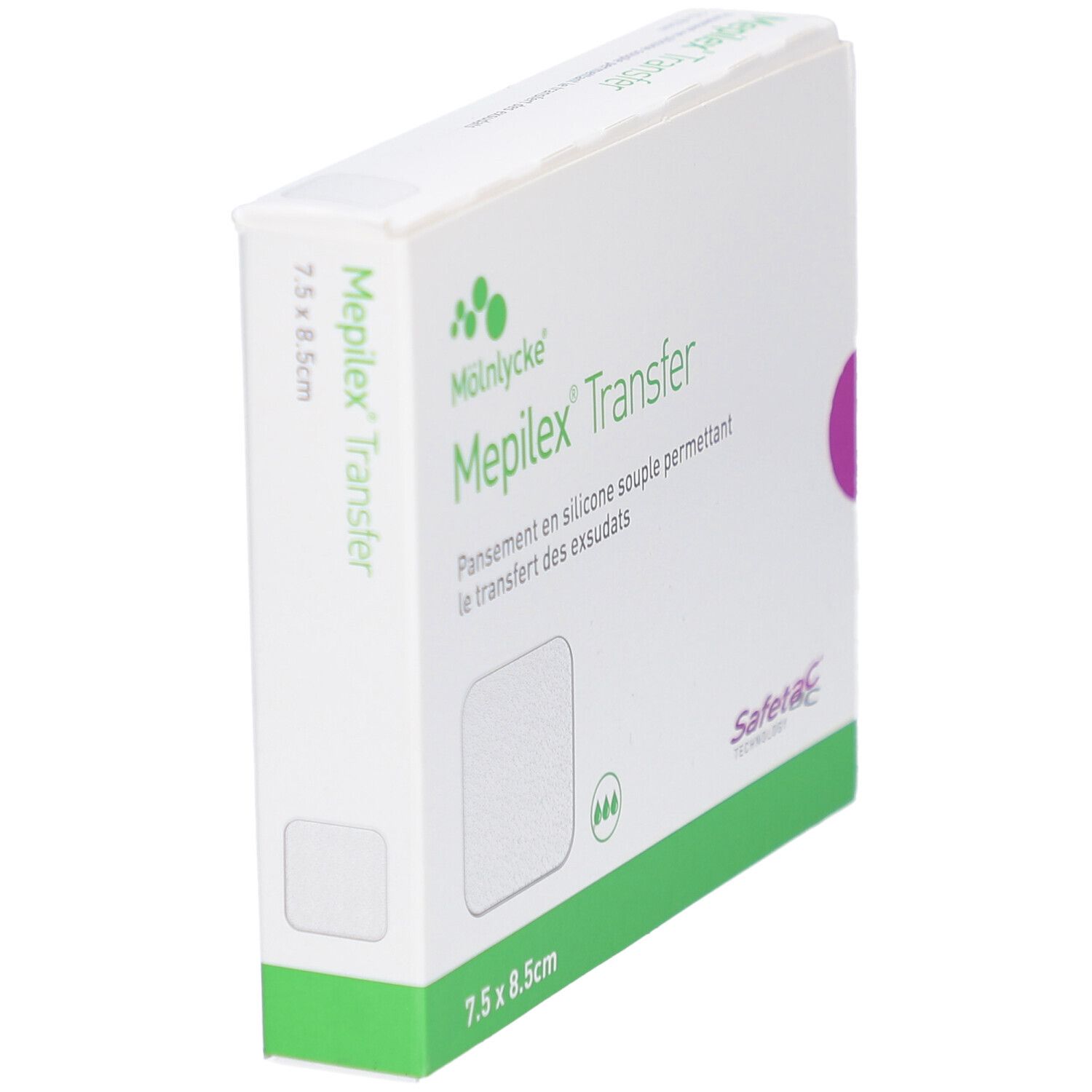 Boîte de Mepilex Transfer en biais. Carton blanc avec nom et logo du produit. Dimensions : 7,5 x 8,5 cm.