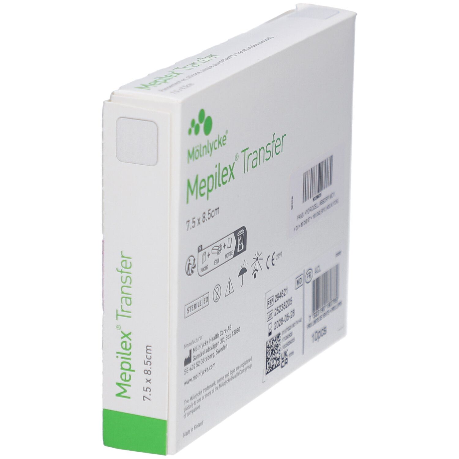 Boîte de Mepilex Transfer en biais. Arrière avec informations produit et marquage CE.