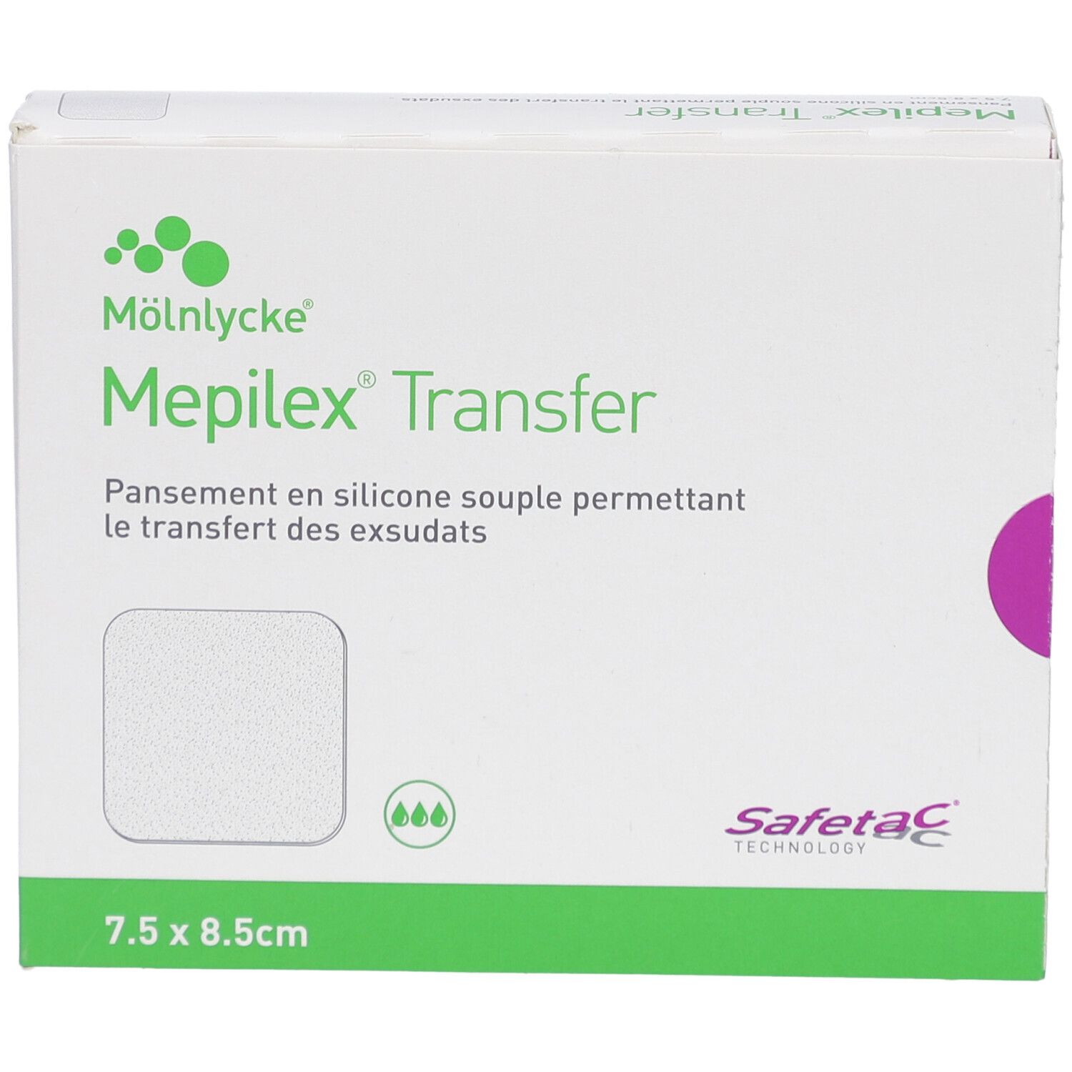 Vue de face de la boîte Mepilex Transfer. Carton blanc avec nom et logo du produit. Dimensions : 7,5 x 8,5 cm. Technologie Safetac.