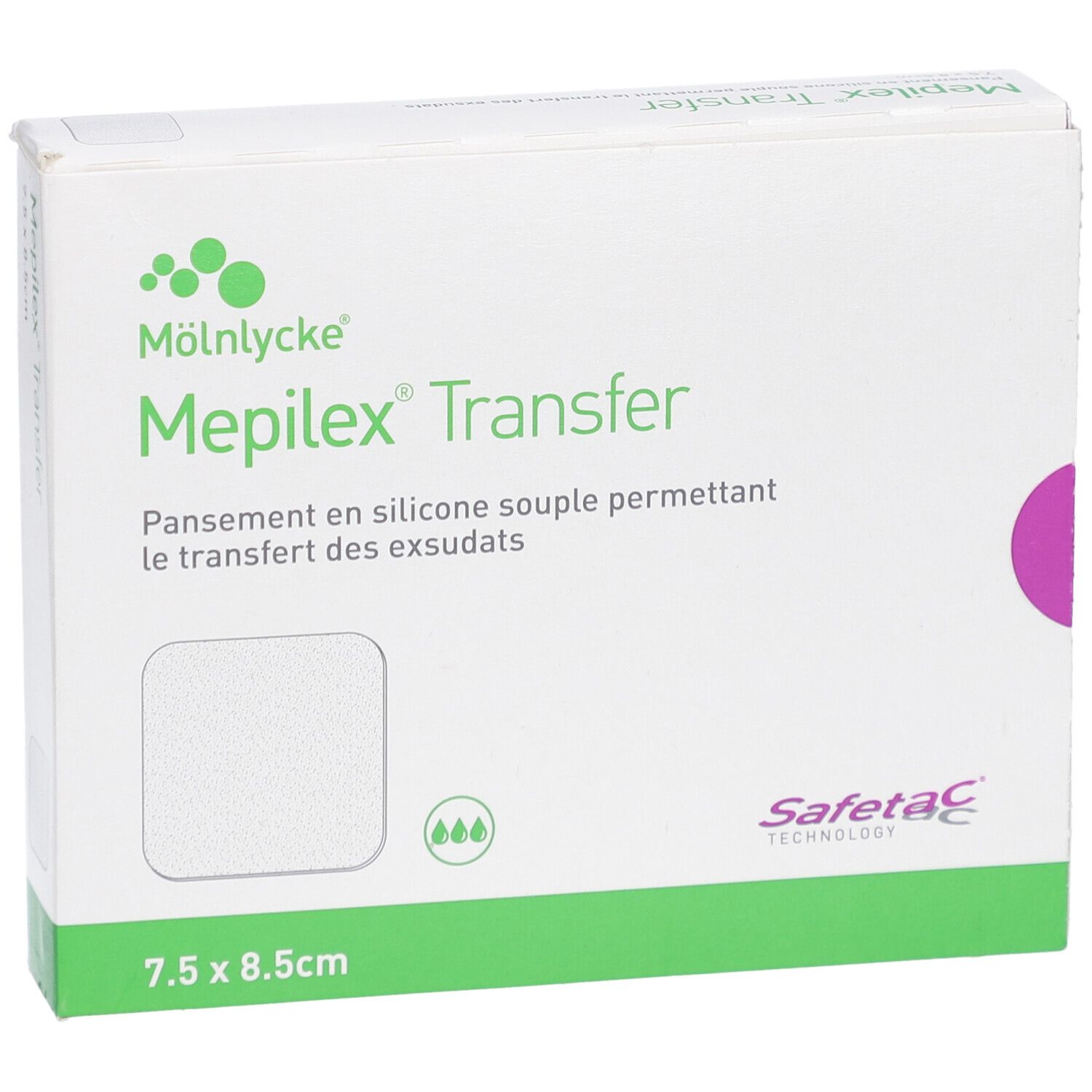 Vue de face de la boîte Mepilex Transfer. Carton blanc avec nom et logo du produit. Dimensions : 7,5 x 8,5 cm. Technologie Safetac.