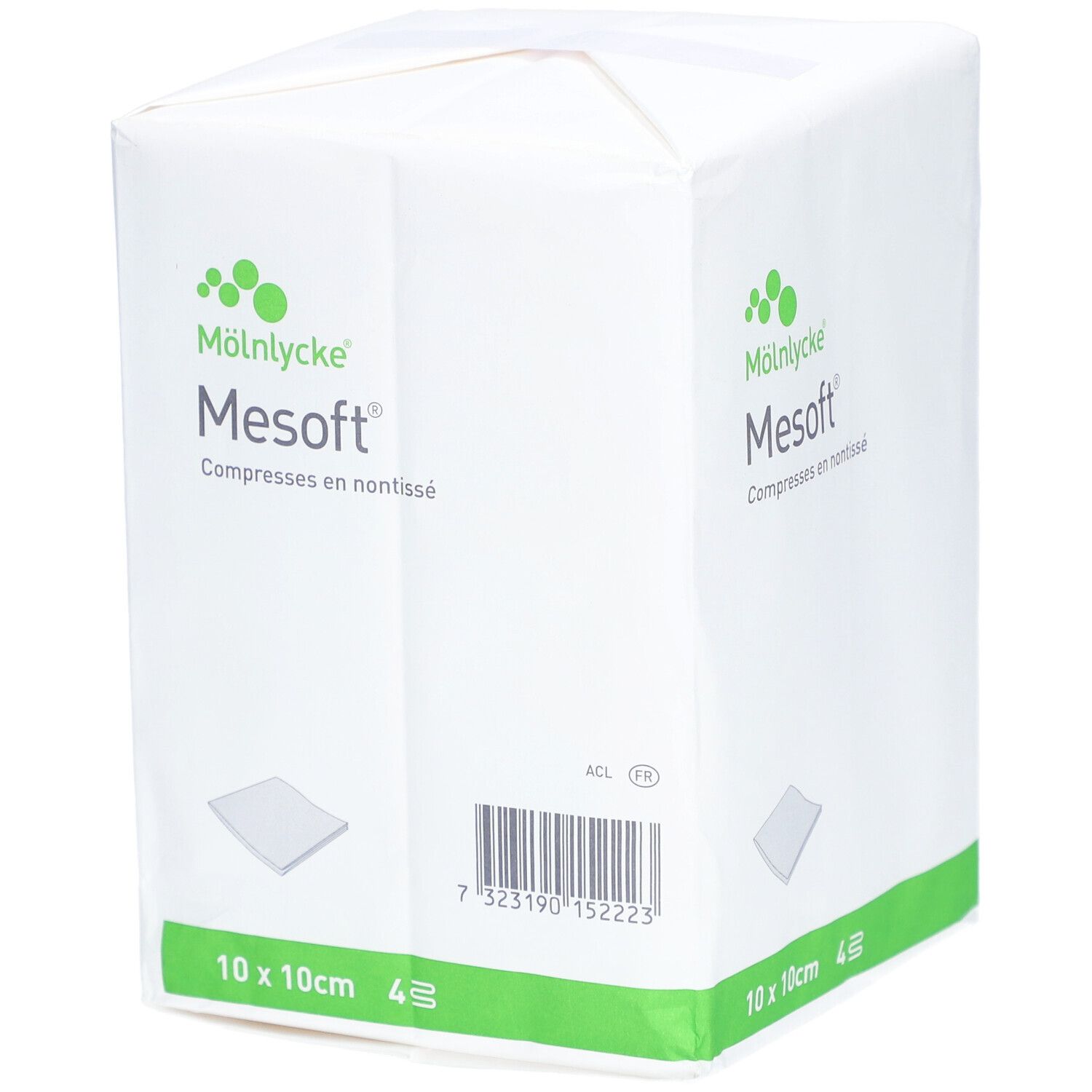 Emballage de compresses Mesosoft 10 x 10 cm, non stériles. Marque Mölnlycke. Emballage blanc avec détails verts et informations produit.