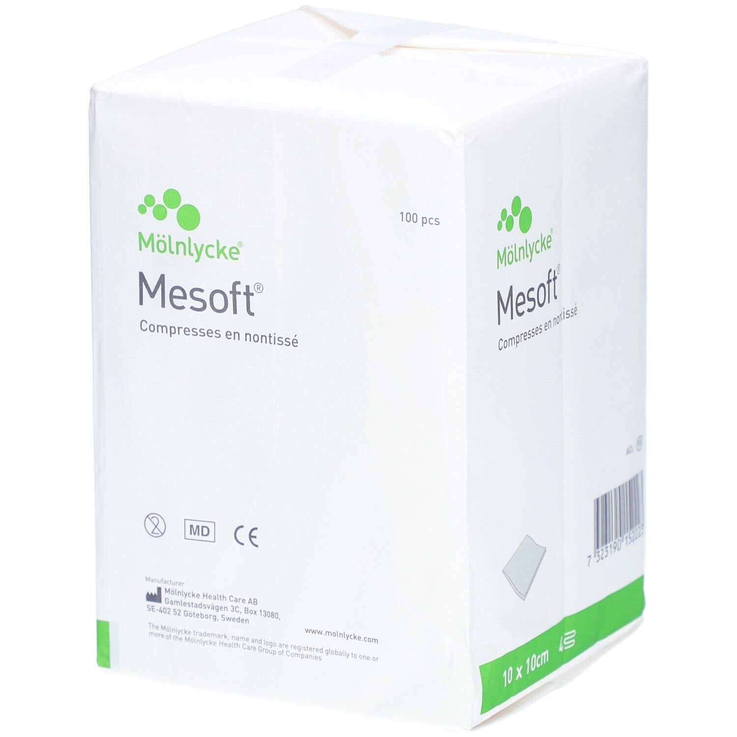 Emballage de compresses Mesosoft 10 x 10 cm, non stériles. 100 pièces. Marque Mölnlycke. Emballage blanc avec détails verts.