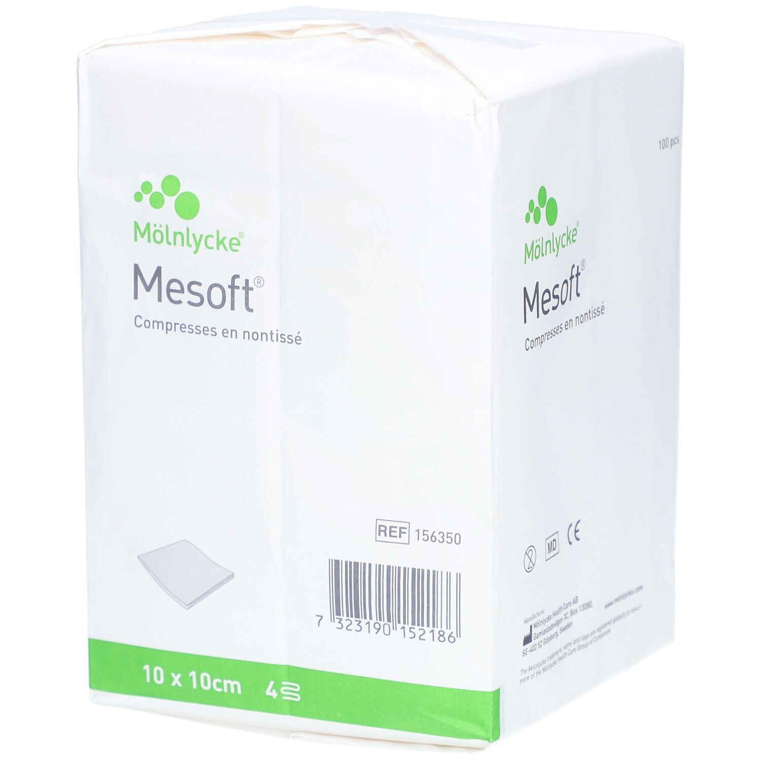Emballage de compresses Mesosoft 10 x 10 cm, non stériles. REF 156350. Marque Mölnlycke. Emballage blanc avec détails verts.