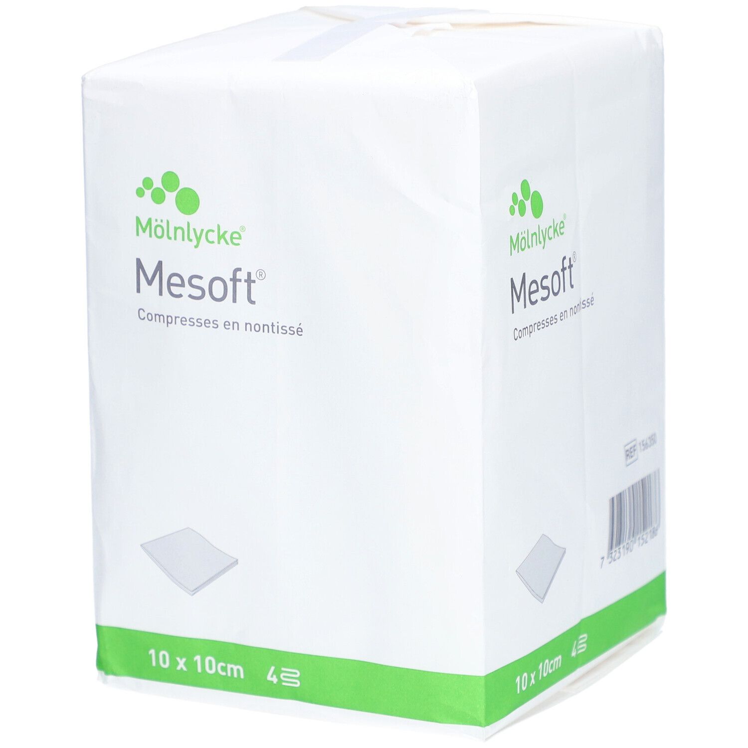 Emballage de compresses Mesosoft 10 x 10 cm, non stériles. Marque Mölnlycke. Emballage blanc avec détails verts et informations produit.