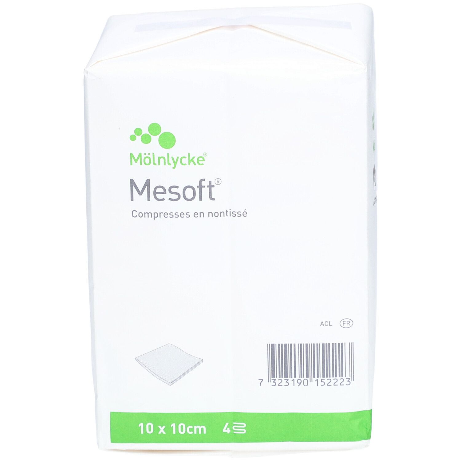 Emballage de compresses Mesosoft 10 x 10 cm, non stériles. Marque Mölnlycke. Emballage blanc avec détails verts et informations produit.