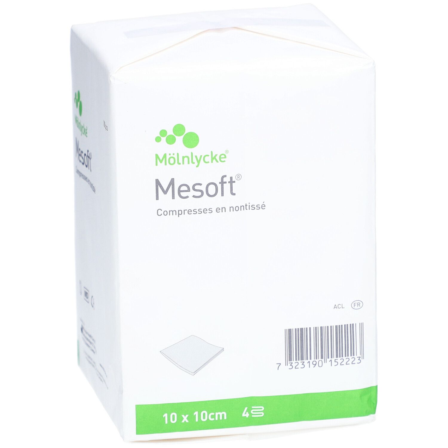 Emballage de compresses Mesosoft 10 x 10 cm, non stériles. Marque Mölnlycke. Emballage blanc avec détails verts et informations produit.