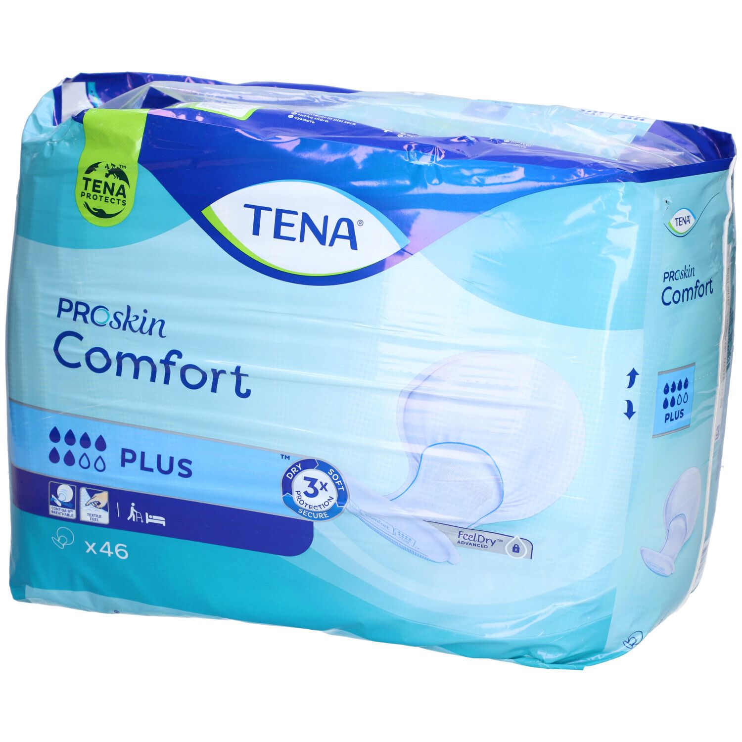 Emballage TENA ProSkin Comfort Plus. Emballage bleu avec nom du produit et pictogrammes. Contient 46 unités.