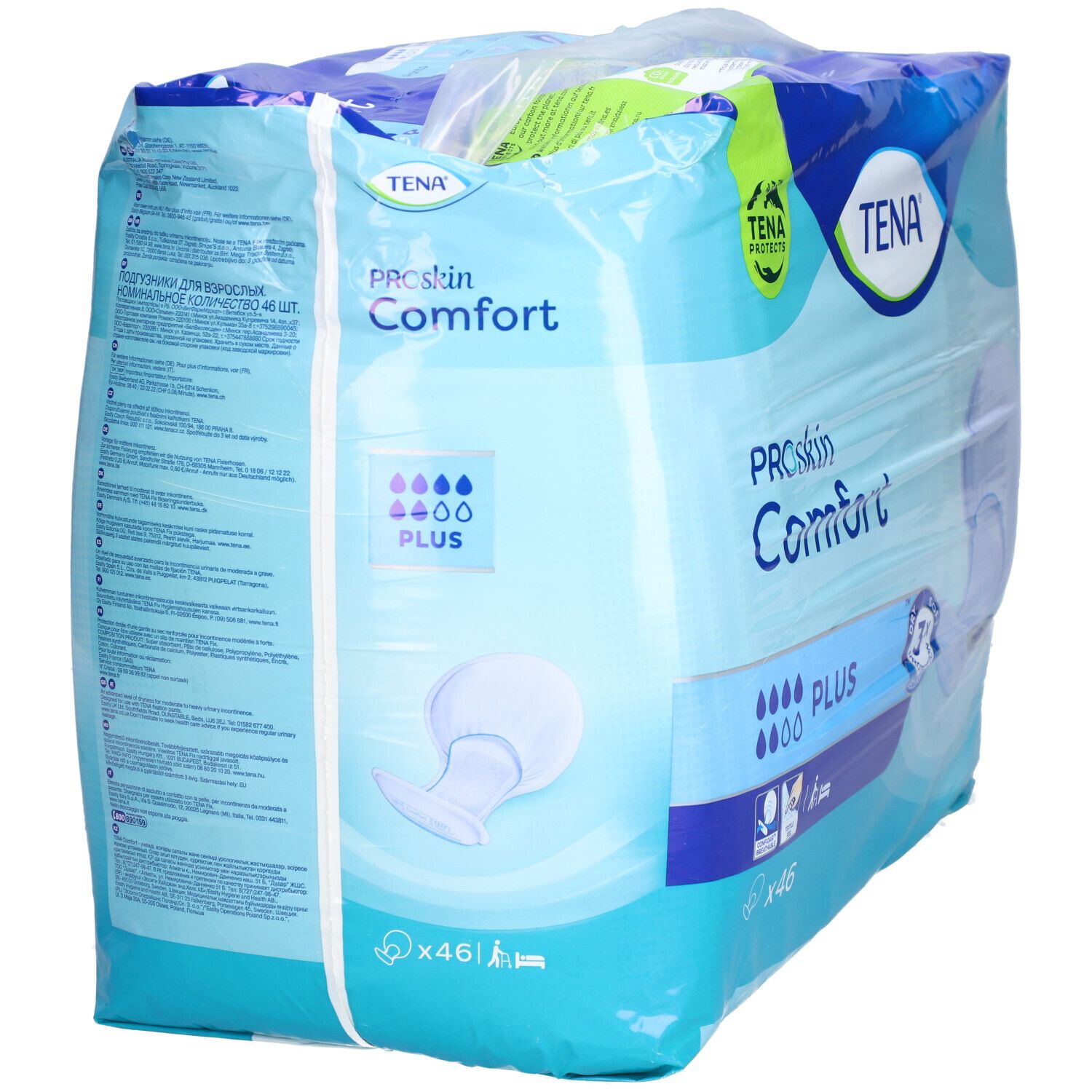 Emballage TENA ProSkin Comfort Plus. Emballage bleu avec nom du produit et pictogrammes. Contient 46 unités.
