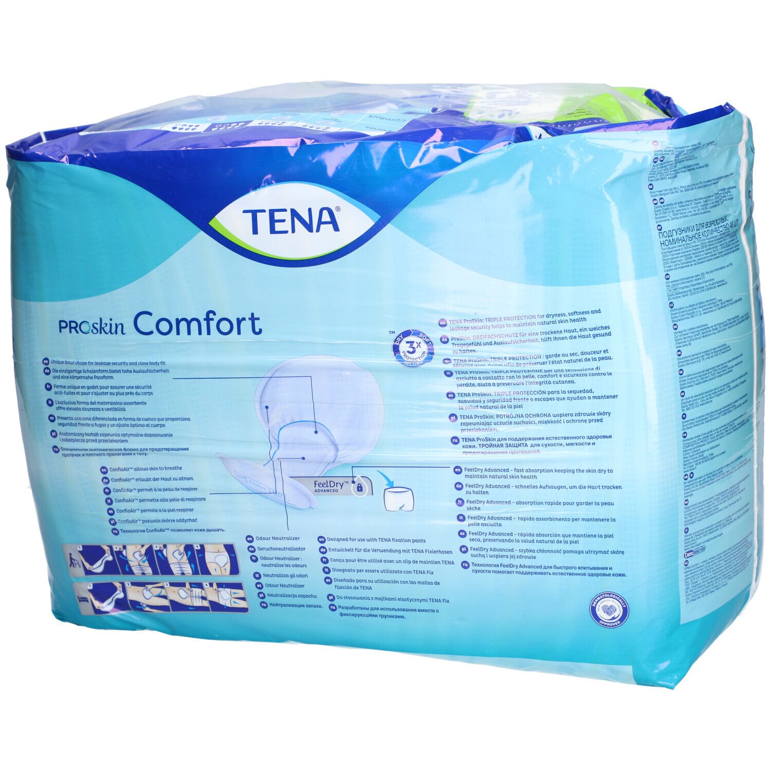 Dos de l'emballage TENA ProSkin Comfort Plus. Emballage bleu avec informations produit et pictogrammes.