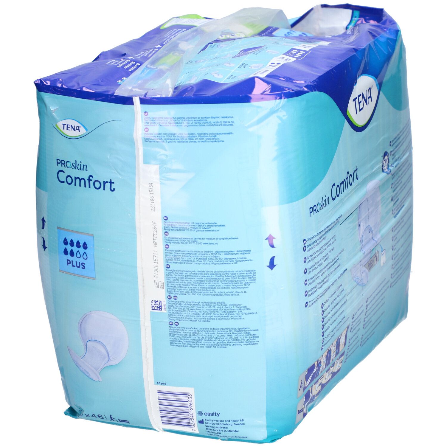 Emballage TENA ProSkin Comfort Plus. Emballage bleu avec nom du produit et pictogrammes. Contient 46 unités.