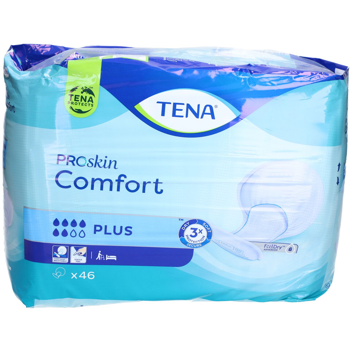 Emballage TENA ProSkin Comfort Plus. Emballage bleu avec nom du produit et pictogrammes. Contient 46 unités.