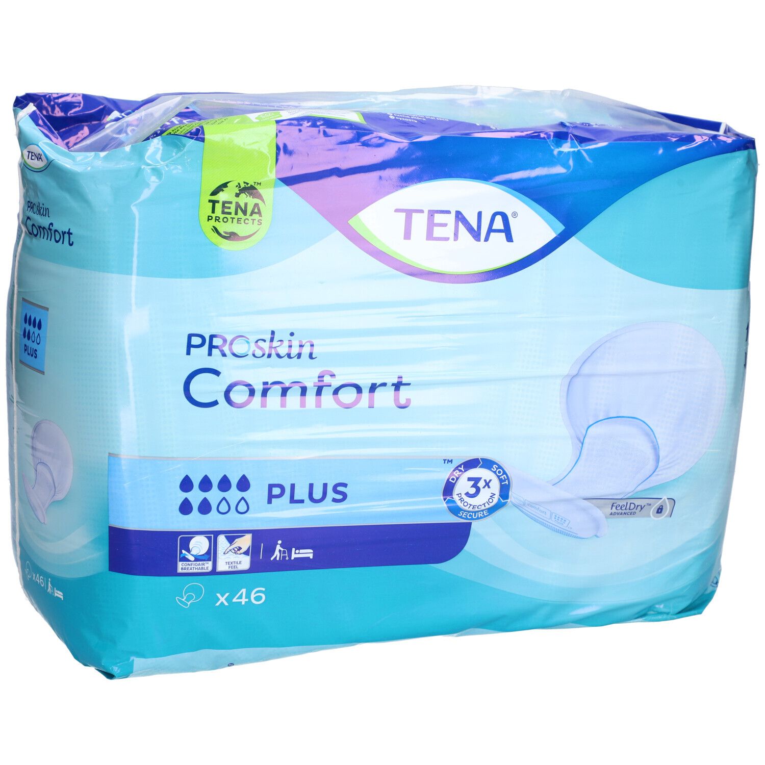 Emballage TENA ProSkin Comfort Plus. Emballage bleu avec nom du produit et pictogrammes. Contient 46 unités.