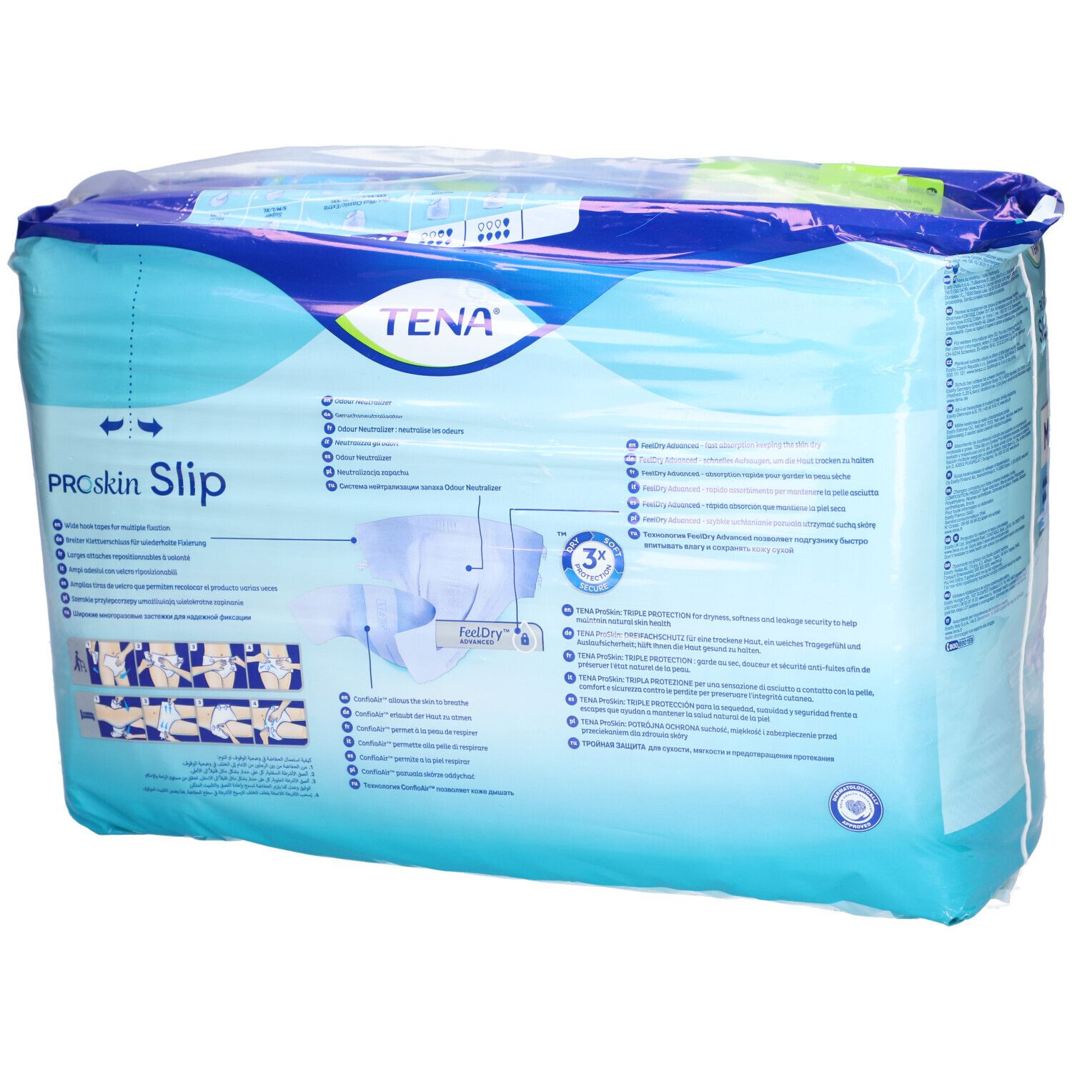 Paquet de TENA ProSkin Slip M. Emballage bleu avec nom du produit, taille M, absorption Plus et quantité 30. Vue arrière.