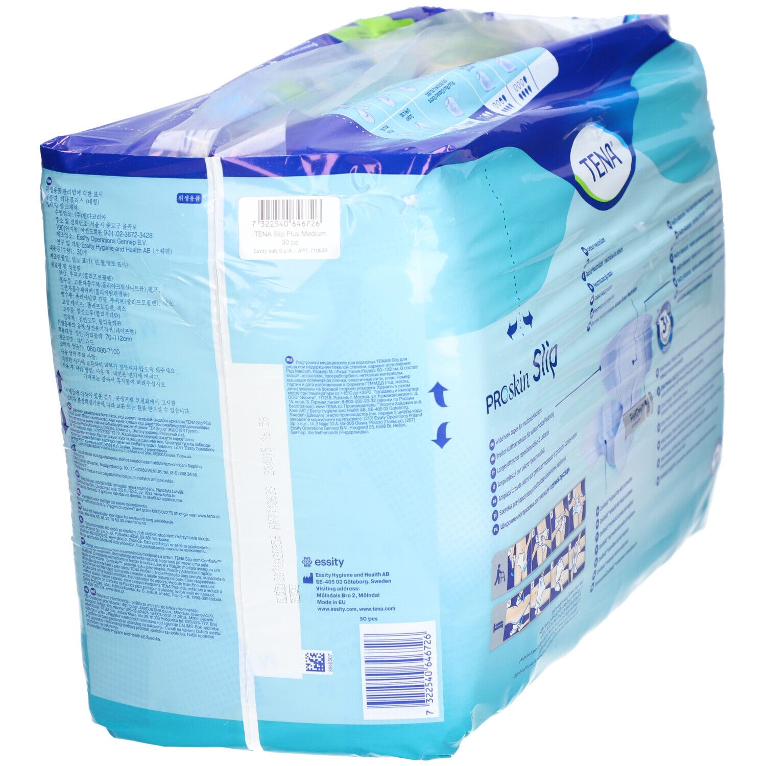 Paquet de TENA ProSkin Slip M. Emballage bleu avec nom du produit, taille M, absorption Plus et quantité 30. Vue arrière.
