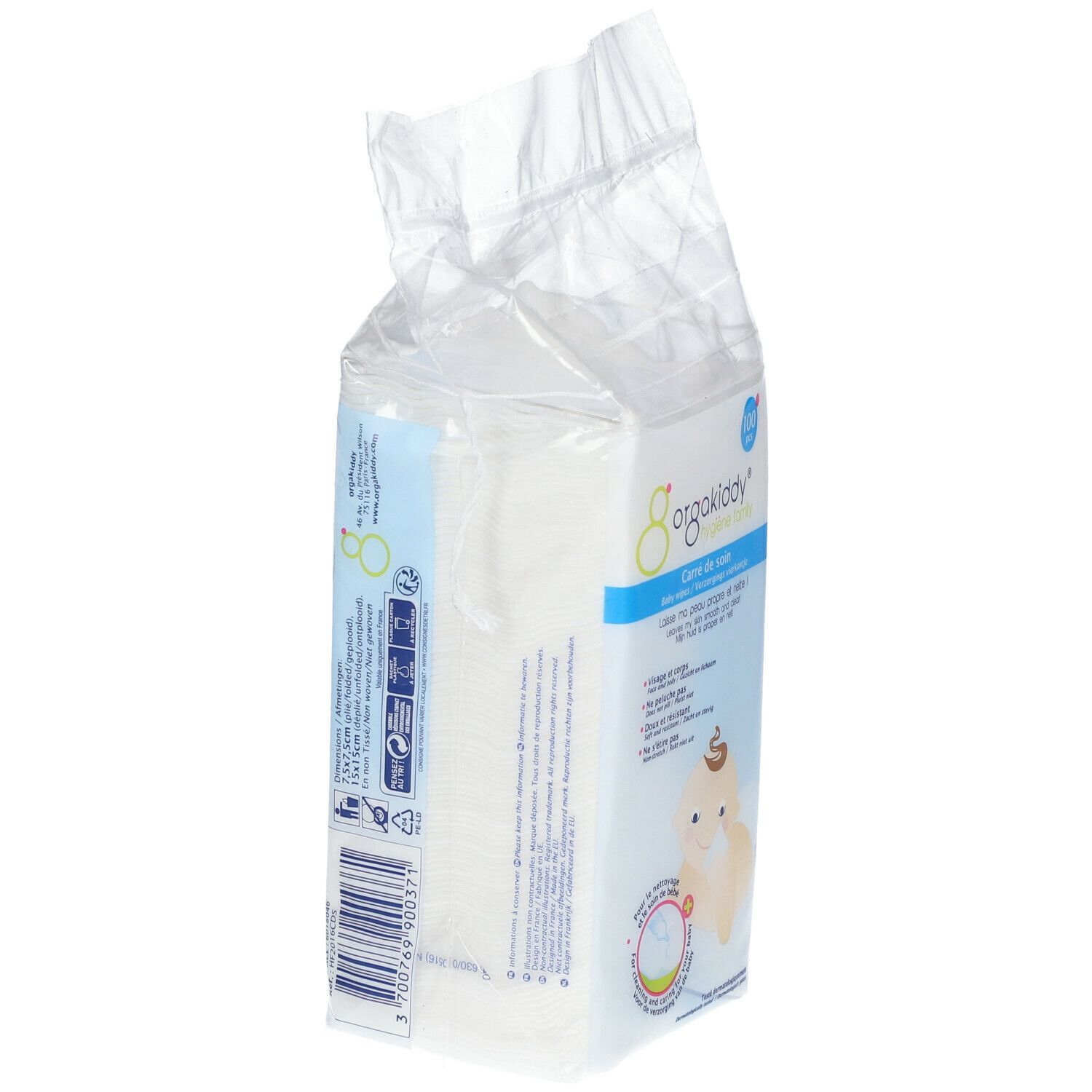 Paquet de lingettes orgakiddy®. Vue latérale. Texte en français. Code-barres et autres informations.