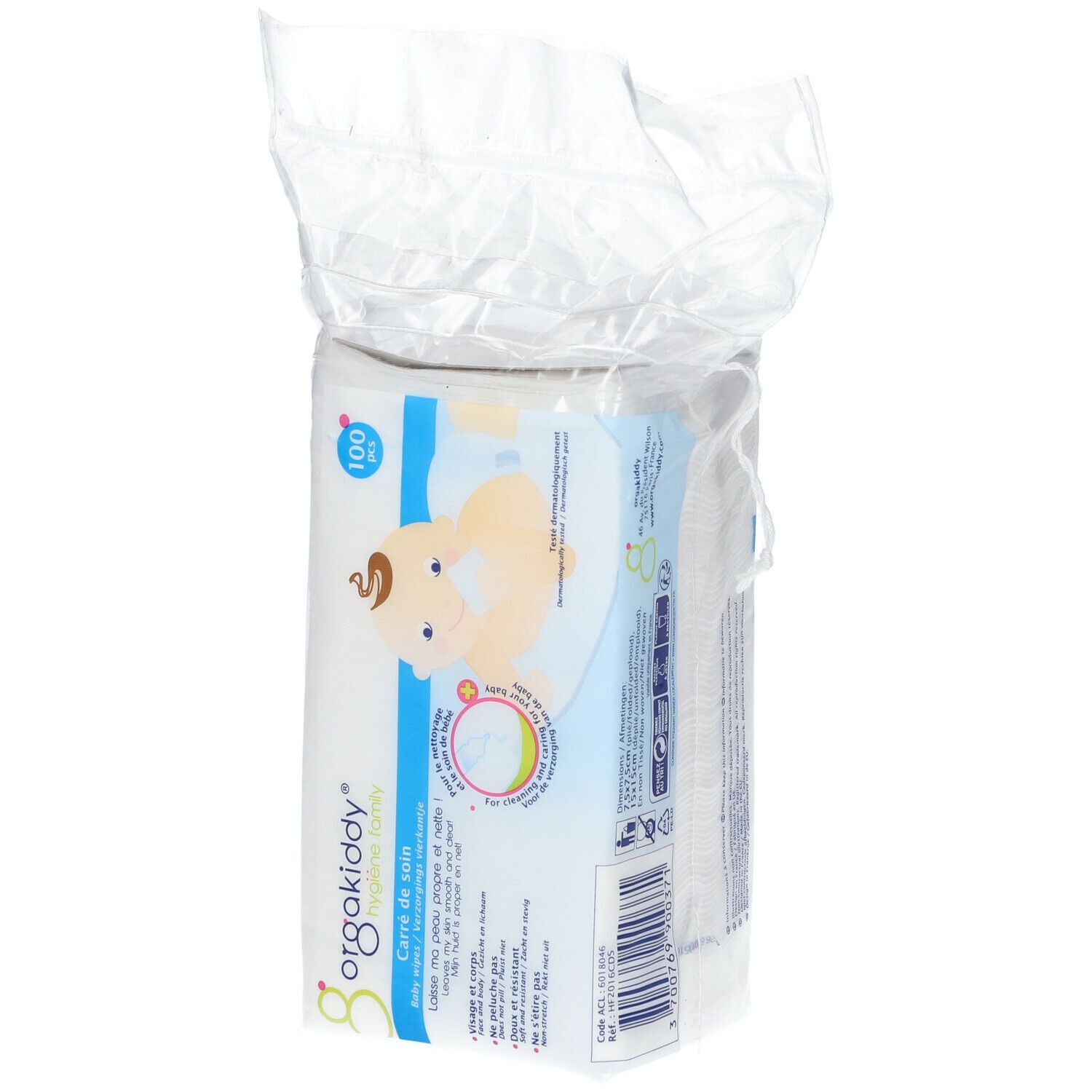 Paquet de lingettes orgakiddy®. Inscription: 100 pièces. Texte en français. Illustration de bébé.