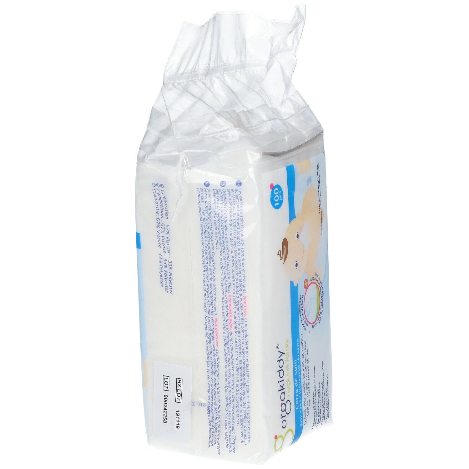Paquet de lingettes orgakiddy®. Vue latérale. Texte en français. Code-barres et autres informations.