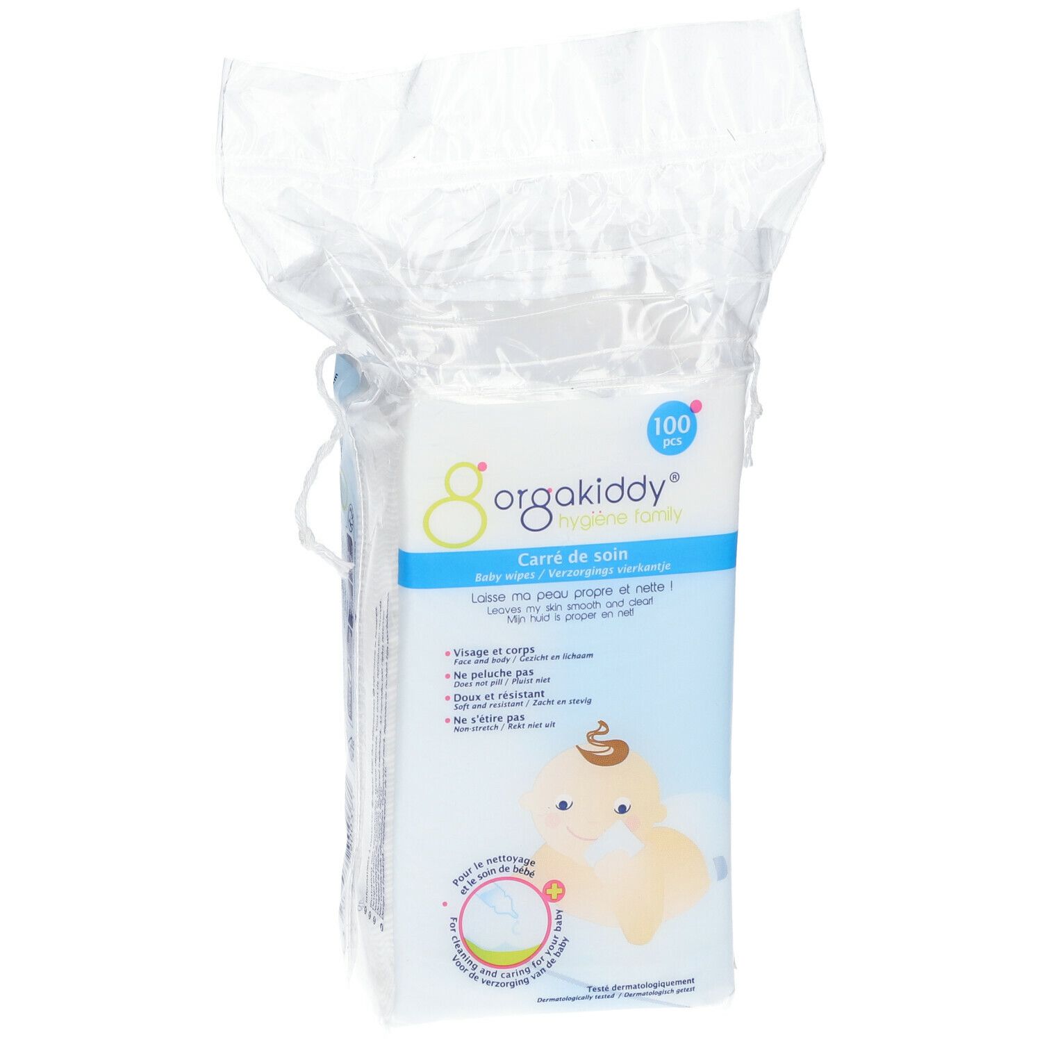 Paquet de lingettes orgakiddy®. Inscription: 100 pièces. Texte en français. Illustration de bébé.