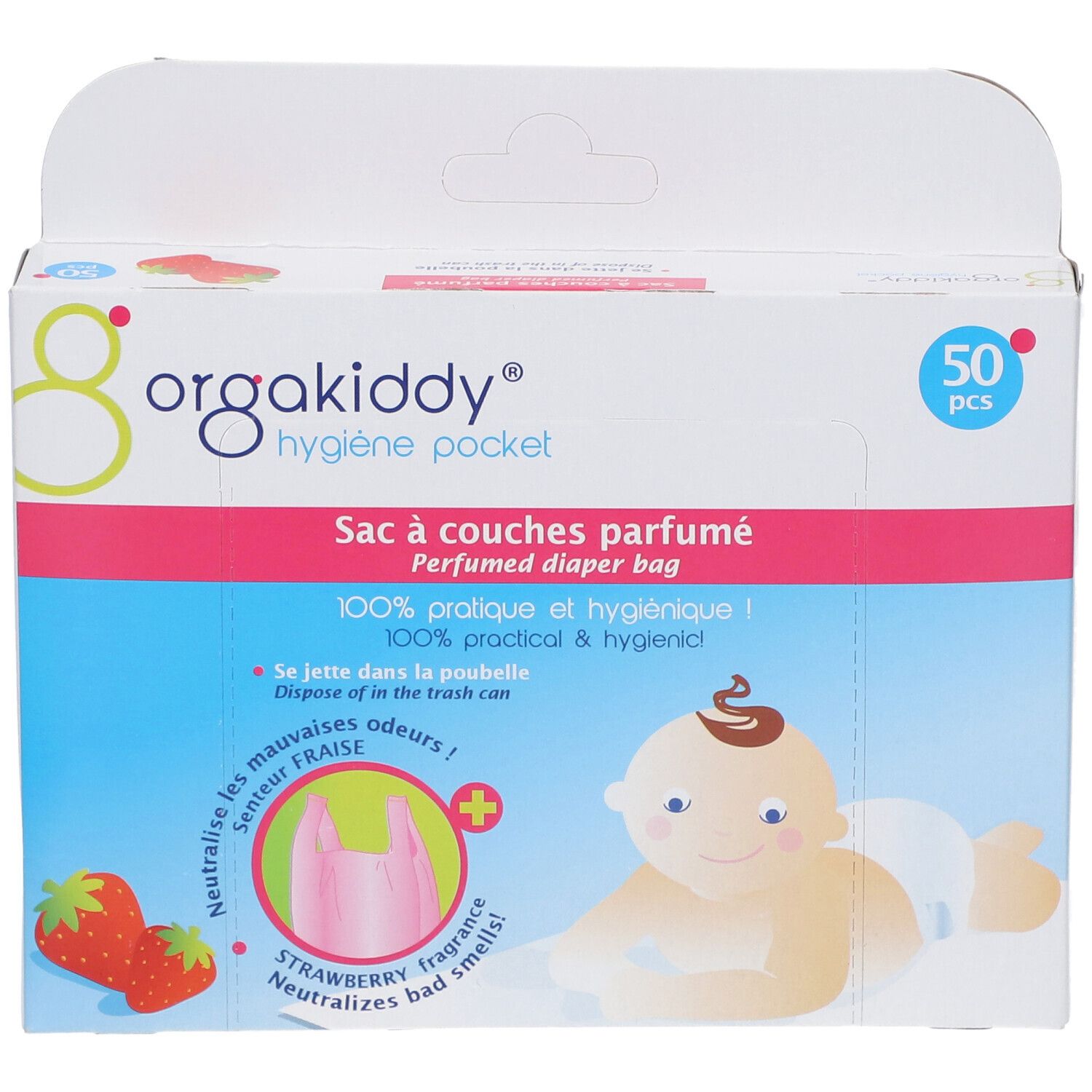 Boîte Orgakiddy de 50 pièces. Inscription: Sac à couches parfumé, parfum fraise. Illustration d'un bébé et de fraises.