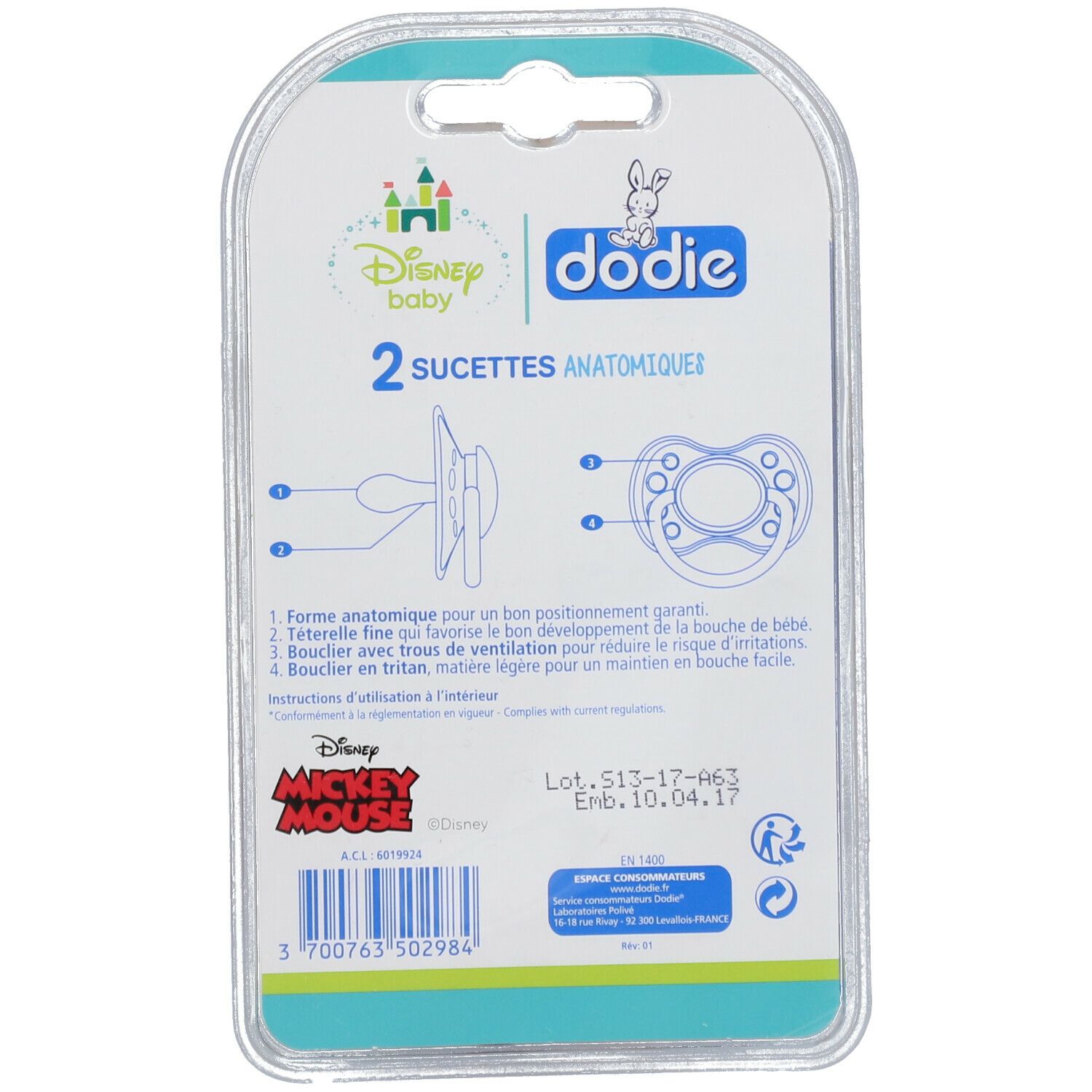 dodie® Sucette +6 mois "Duo Mickey" silicone avec anneau