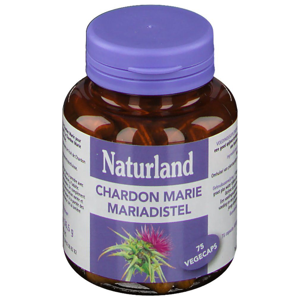 Flacon brun avec couvercle violet. Étiquette avec texte: Naturland, Chardon Marie Mariadistel, 75 Végécaps.