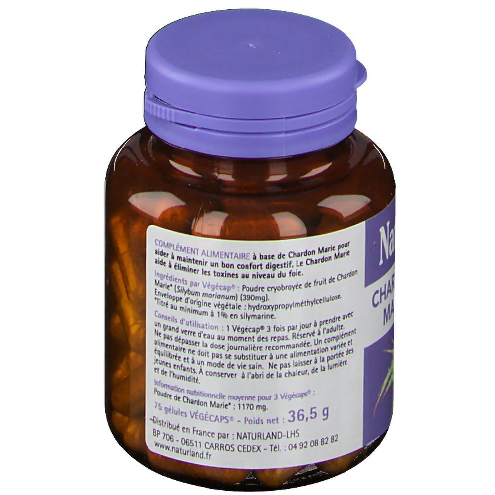 Flacon brun avec couvercle violet. Étiquette avec texte: Naturland, Chardon Marie Mariadistel, 75 Végécaps.