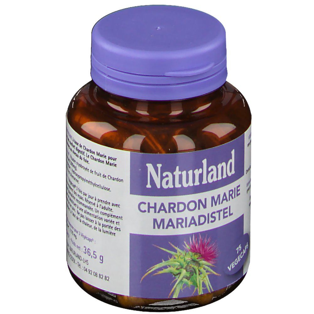 Flacon brun avec couvercle violet. Étiquette avec texte: Naturland, Chardon Marie Mariadistel, 75 Végécaps.