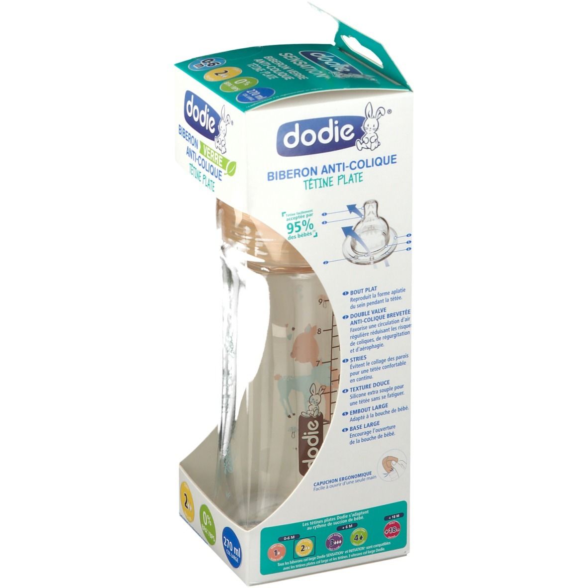 dodie® Biberon verre col large tétine plate 270 ml Biche