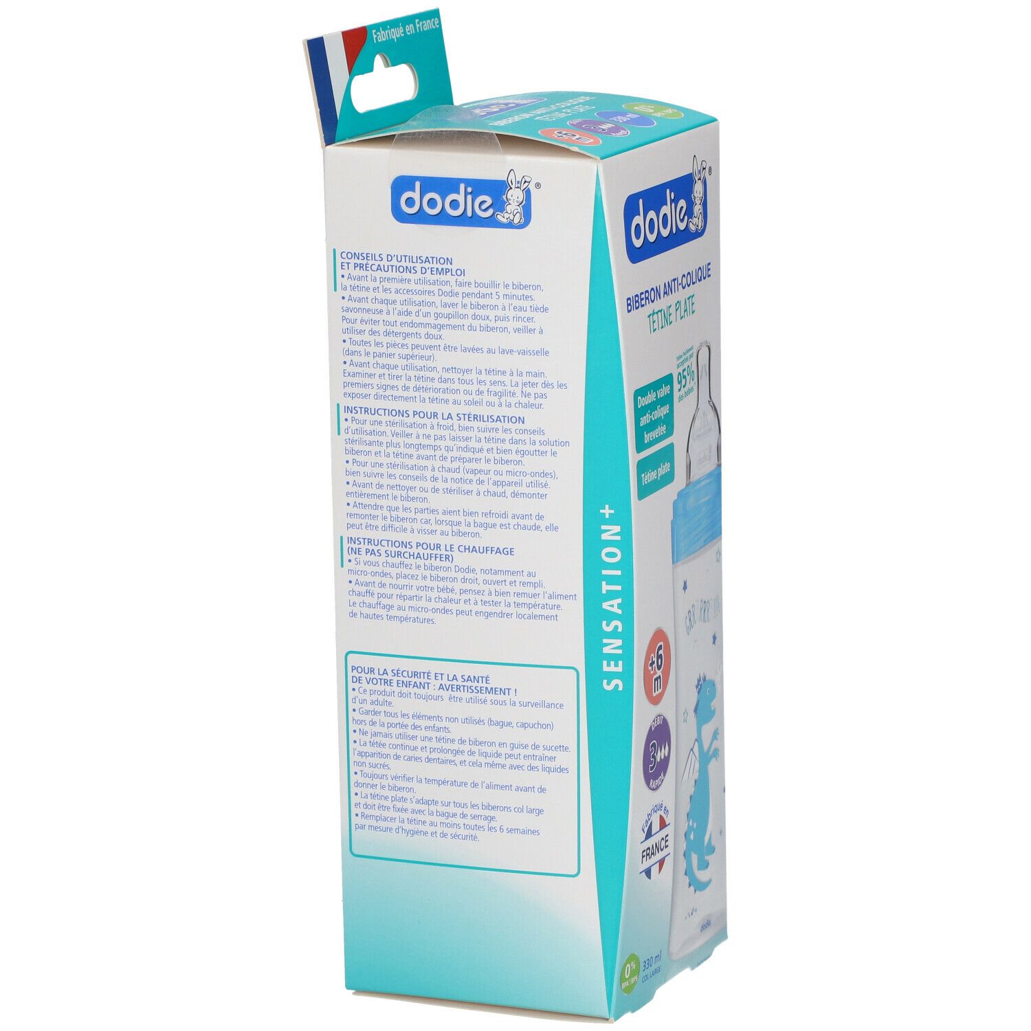 Emballage du biberon. Texte : dodie®, Biberon Anti-colique, Tétine Plate. Informations d'utilisation et de sécurité. Fabriqué en France.