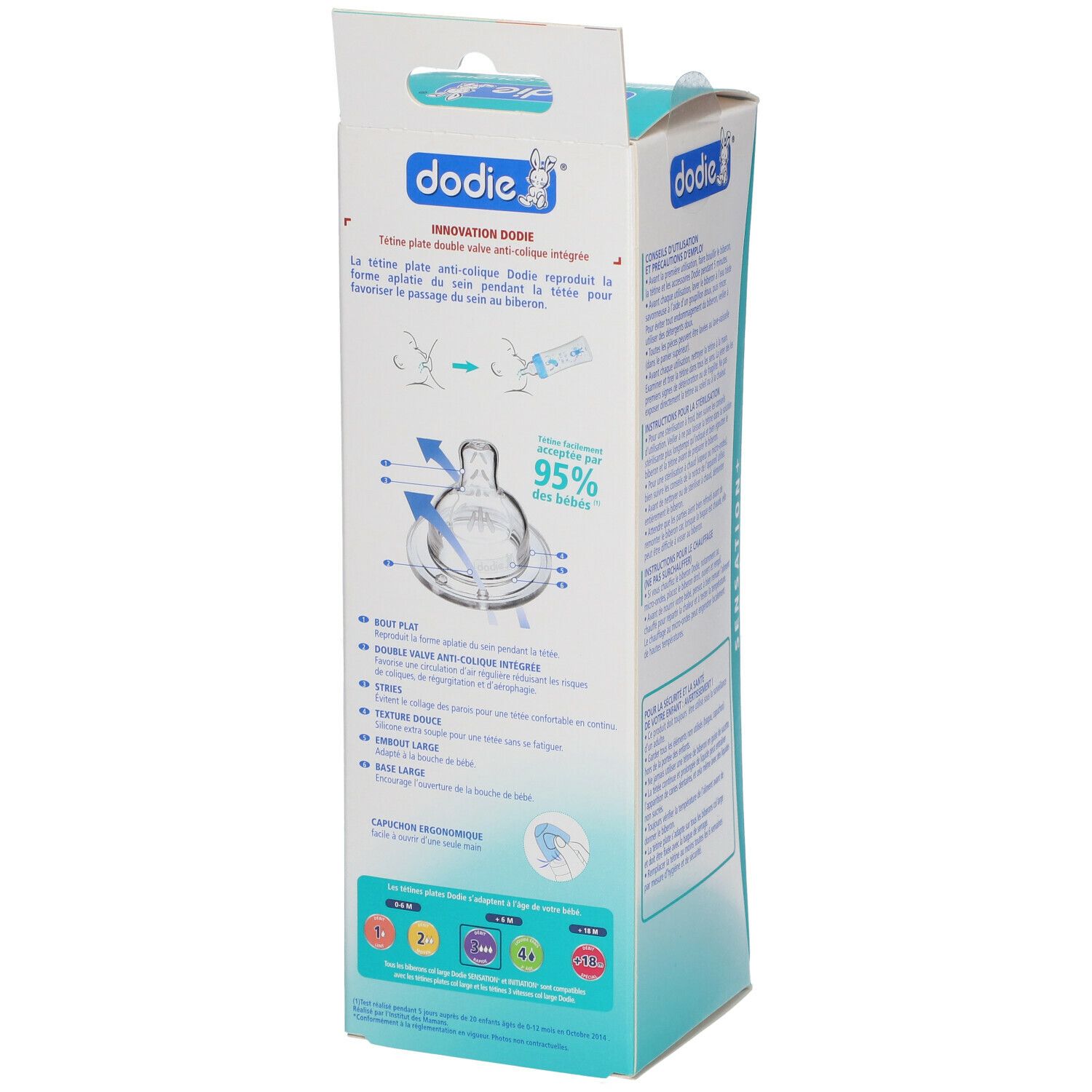 Emballage avec illustration de la tétine. Texte : dodie®, Innovation Dodie, Tétine plate anti-colique. Informations sur la forme et la fonction.