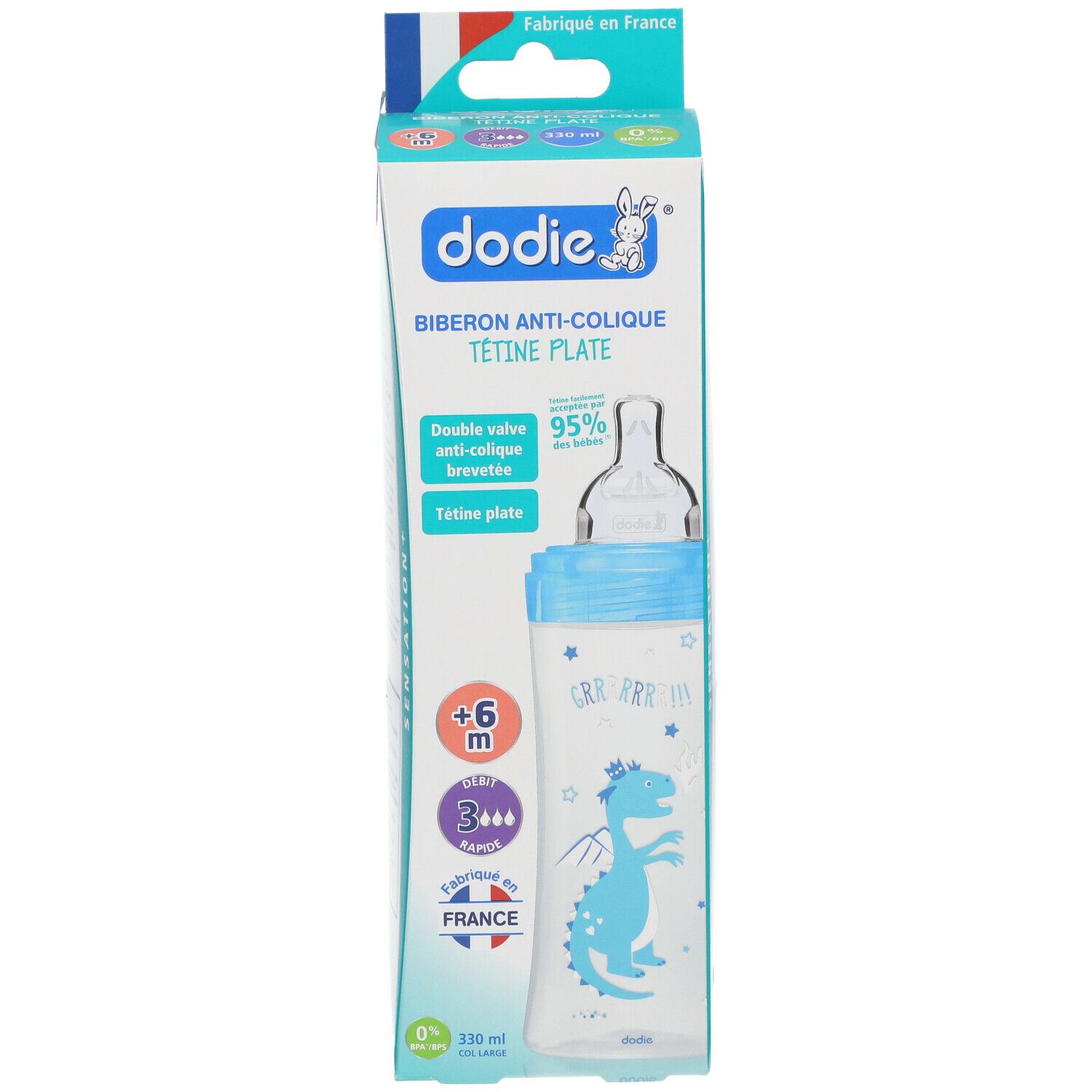 Biberon dodie® anti-colique, tétine plate, dans emballage. Flacon bleu avec motif dragon. Âge recommandé : +6 mois, 330 ml.