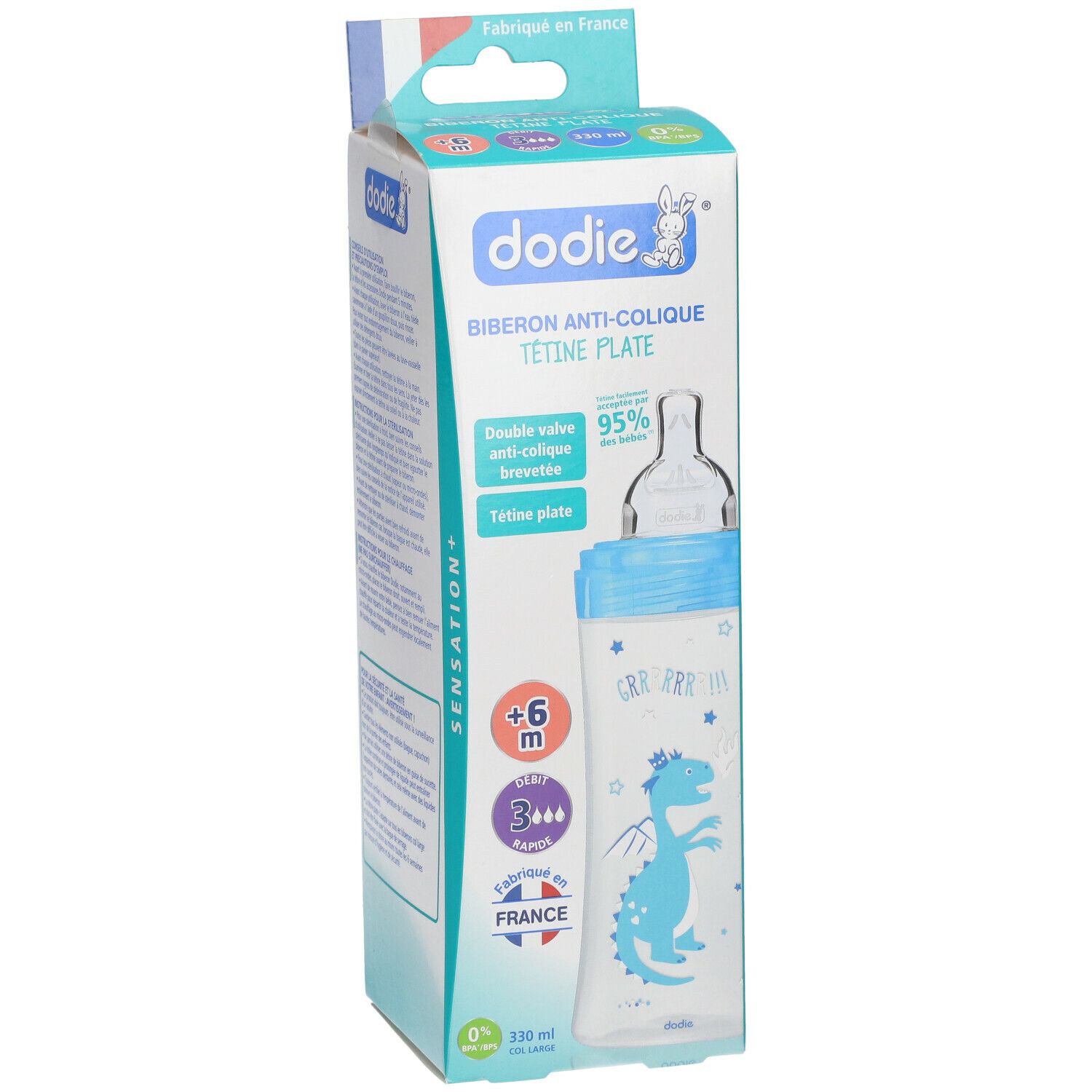 Biberon dodie® anti-colique, tétine plate, dans emballage. Flacon bleu avec motif dragon. Âge recommandé : +6 mois, 330 ml.