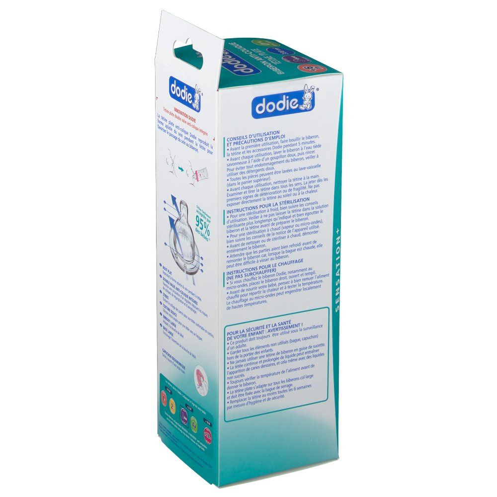 dodie® Sensation+ Biberon Anti-colique 330 ml Fushia cygnes tétine débit 3