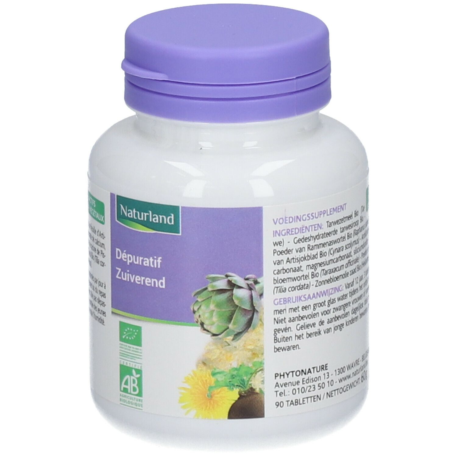 Flacon blanc avec bouchon violet. Inscription Naturland, Dépuration, Zuiverend. Certification AB Bio.