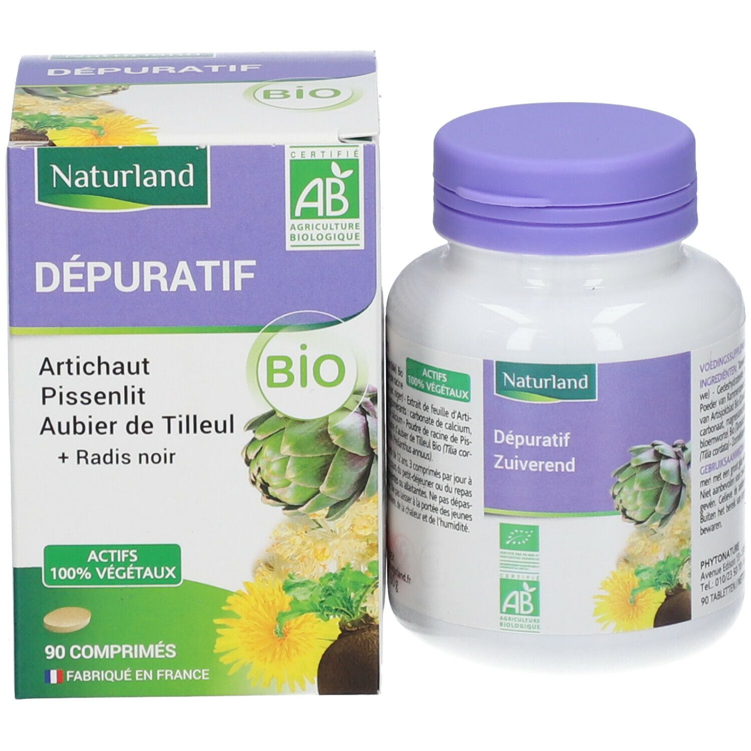 Flacon et boîte de comprimés. Inscription Naturland, Dépuration. Certification AB Bio. 90 comprimés.