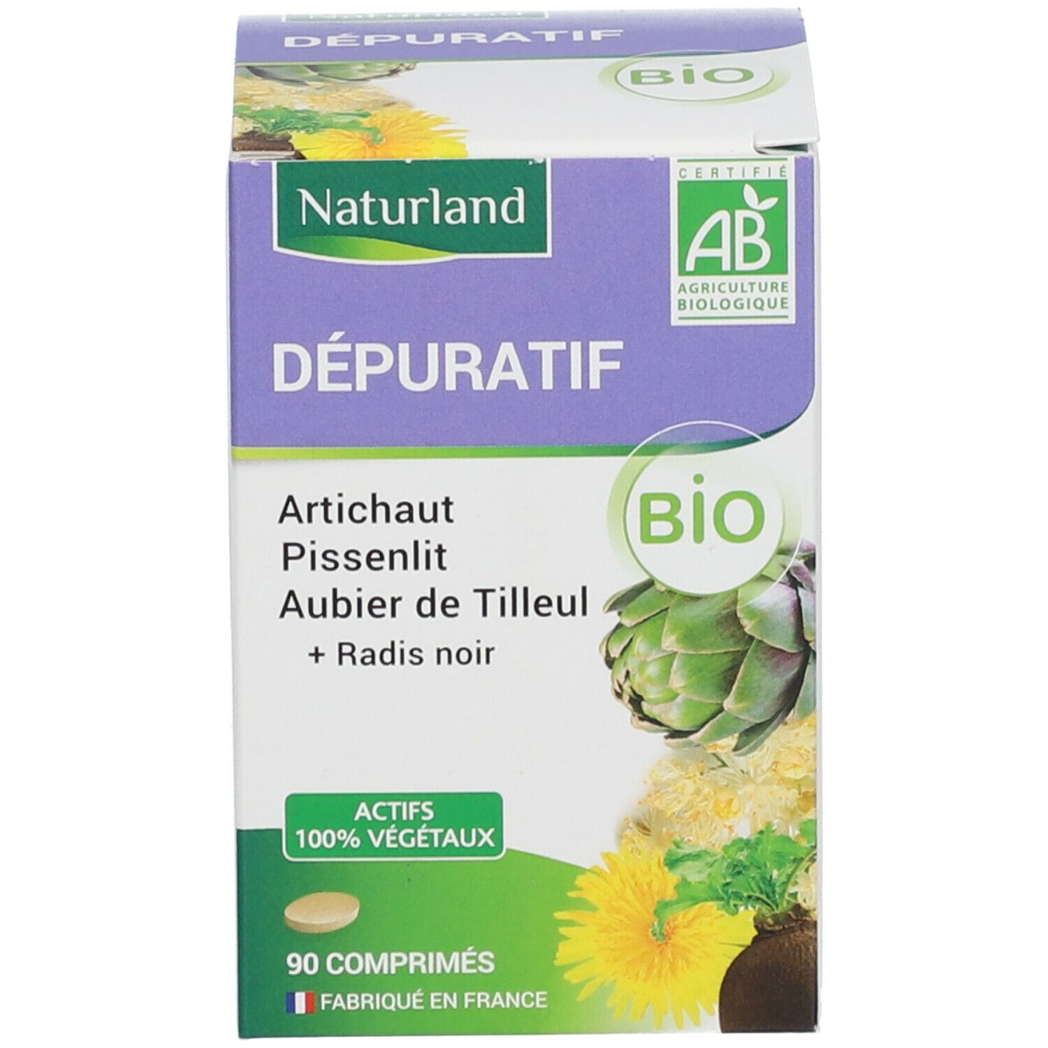 Boîte avec inscription Naturland, Dépuration. Certification AB Bio. 90 comprimés. Fabriqué en France.