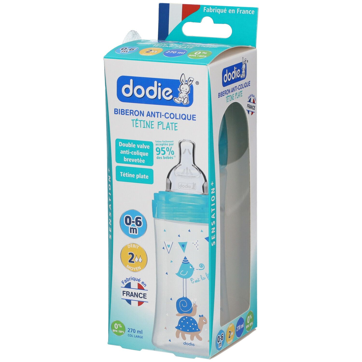 Biberon Dodie Sensation+ dans son emballage. Biberon bleu et blanc avec tétine. Motifs animaux et informations produit.
