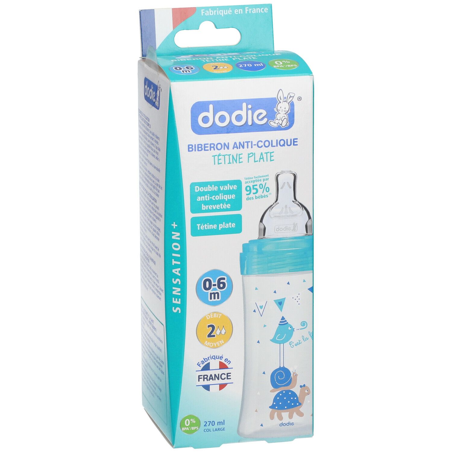 Biberon Dodie Sensation+ dans son emballage. Biberon bleu et blanc avec tétine. Motifs animaux et informations produit.