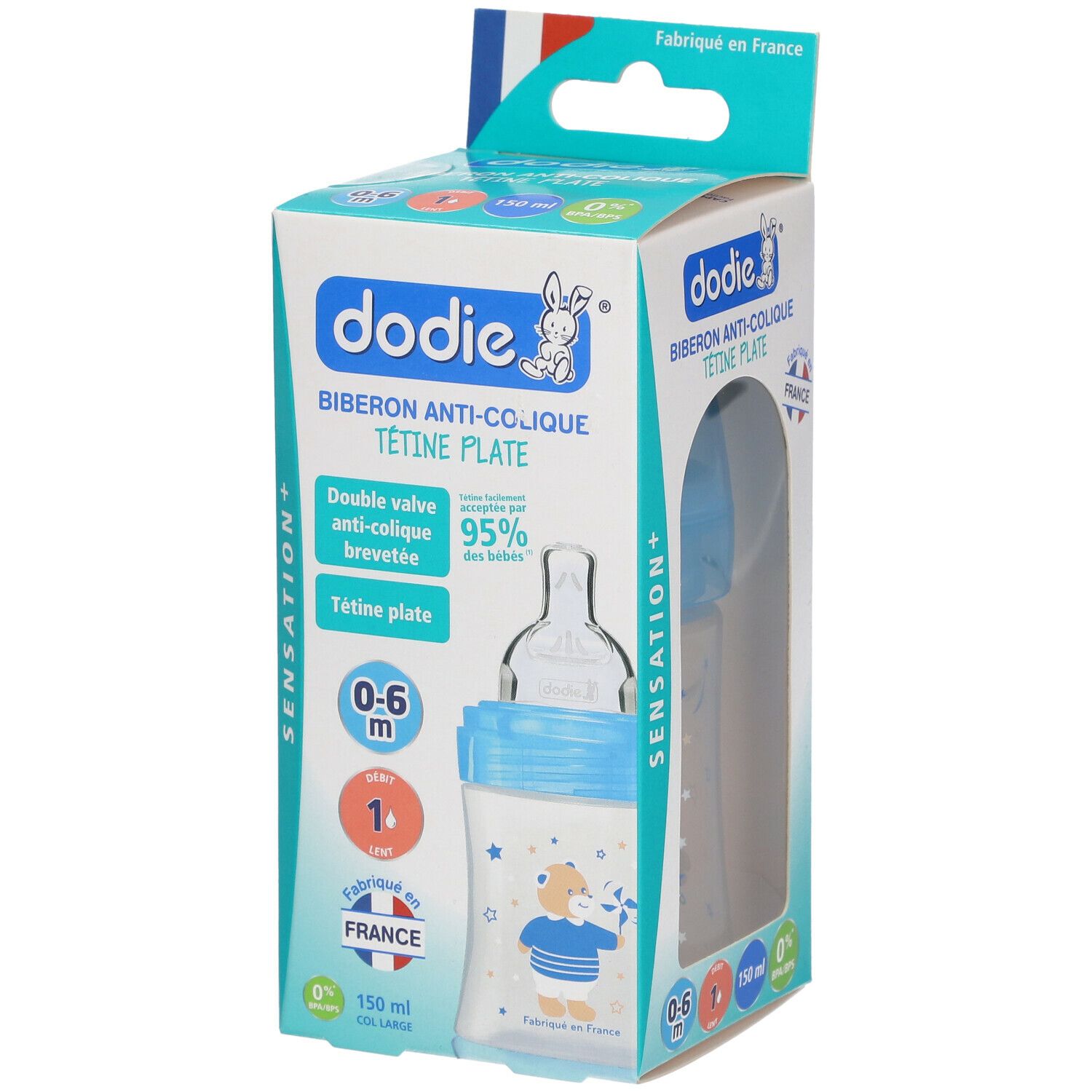 dodie® Sensation+ Biberon Anti-colique 150 ml Bleu Ourson tétine débit 1