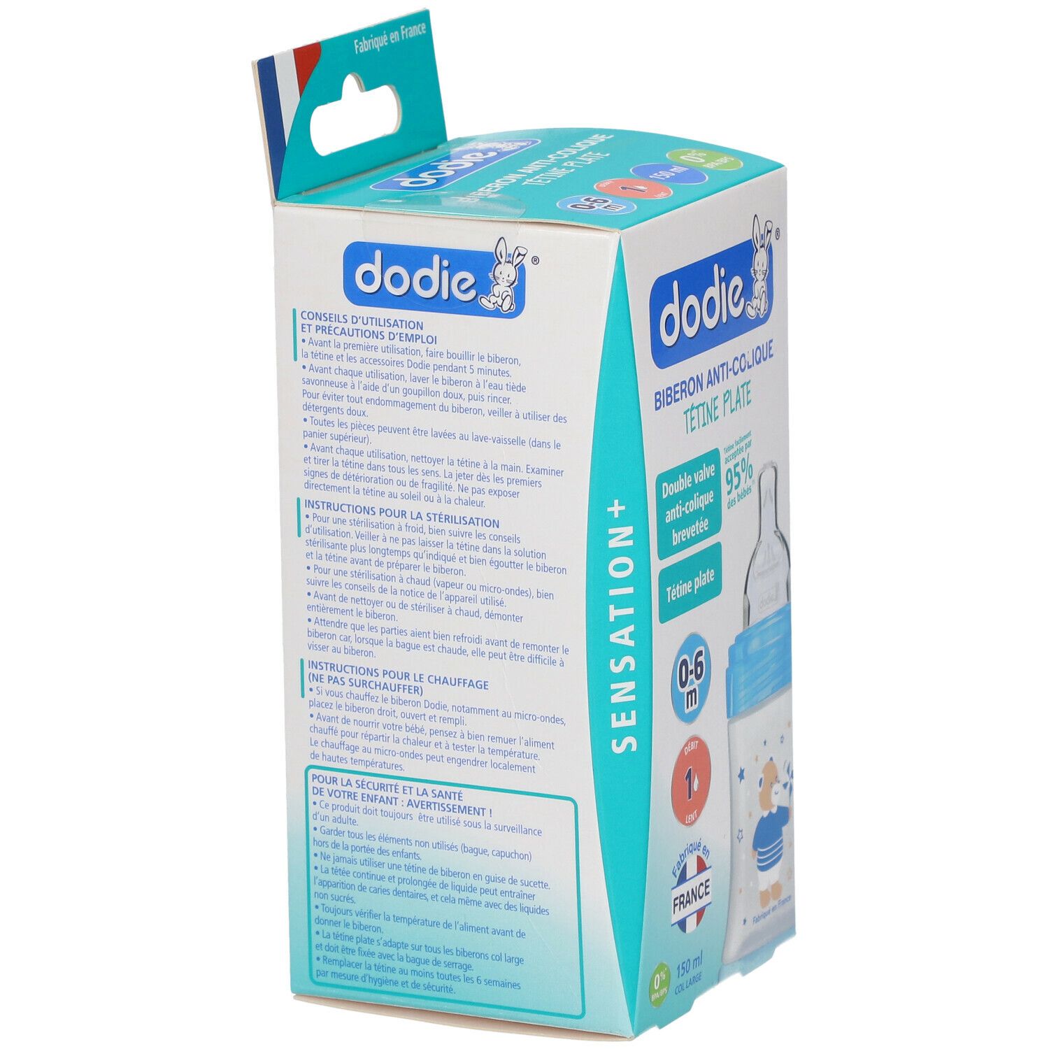 dodie® Sensation+ Biberon Anti-colique 150 ml Bleu Ourson tétine débit 1