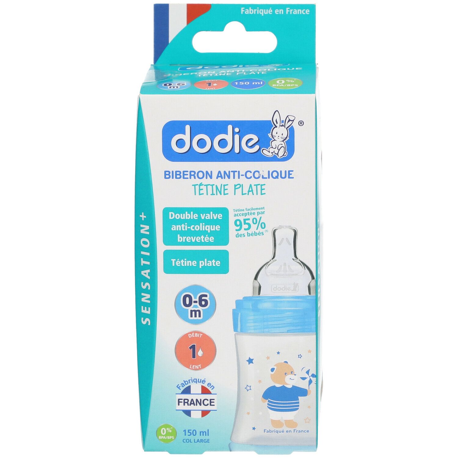 dodie® Sensation+ Biberon Anti-colique 150 ml Bleu Ourson tétine débit 1